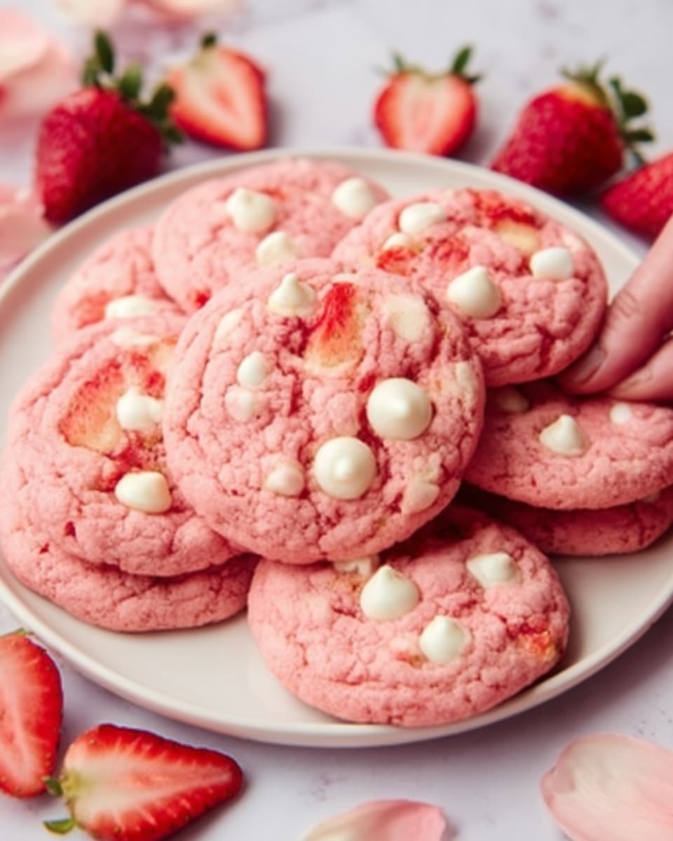A tall stack of eight soft pink cookies with smooth tops and slightly cracked surfaces is centered on a white marbled background. The top cookie is broken in half, showing its chewy inside with a few white chocolate chips visible. The cookies have a slightly rough texture around the edges and are evenly rounded. In the blurred background, fresh red strawberries add a pop of color. The scene is bright and clean, focused on the stack of cookies. photo taken with an iphone --ar 4:5 --v 7
