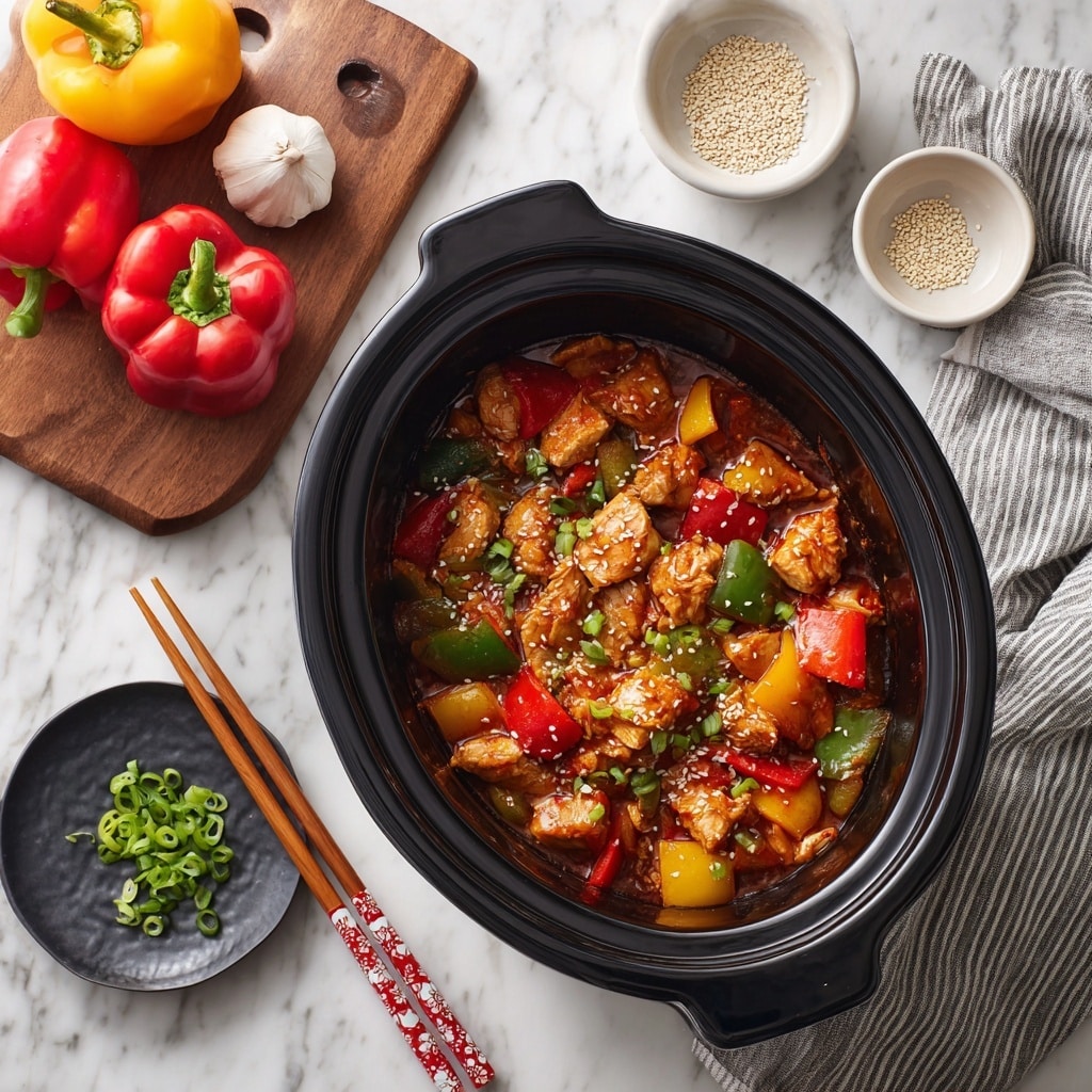 Two round black plates sit on a white marbled surface, each filled with white rice as the bottom layer. On top of the rice, there is a mix of cooked vegetables and chicken pieces. The vegetables include large chunks of red, yellow, and green bell peppers along with pieces of onion, all with a slightly glossy texture. Small sesame seeds and chopped green onions are sprinkled over the top layer. A pair of decorated wooden chopsticks rests across one of the plates. Nearby, two small gray bowls hold green onions and sesame seeds, and a gray and white striped cloth is draped on the surface. photo taken with an iphone --ar 4:5 --v 7
