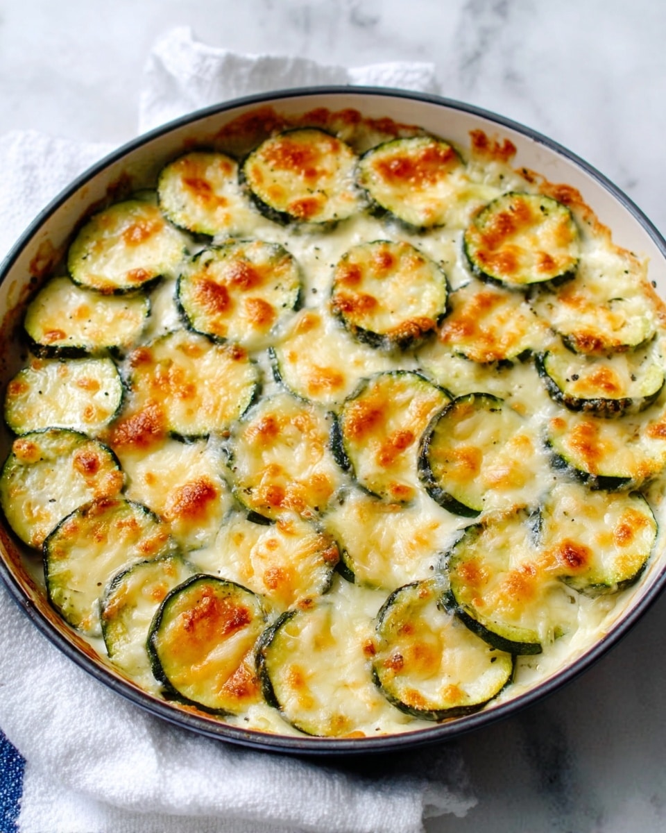 The image shows a round baking dish filled with a layered zucchini gratin. The top layer consists of evenly arranged, thin green zucchini slices that have a golden-brown melted cheese crust, with some parts bubbly and lightly browned. Underneath the zucchini is a creamy sauce visible in gaps between the slices with a smooth texture. The dish is placed on a white marbled surface with a white and blue cloth partially visible. photo taken with an iphone --ar 4:5 --v 7