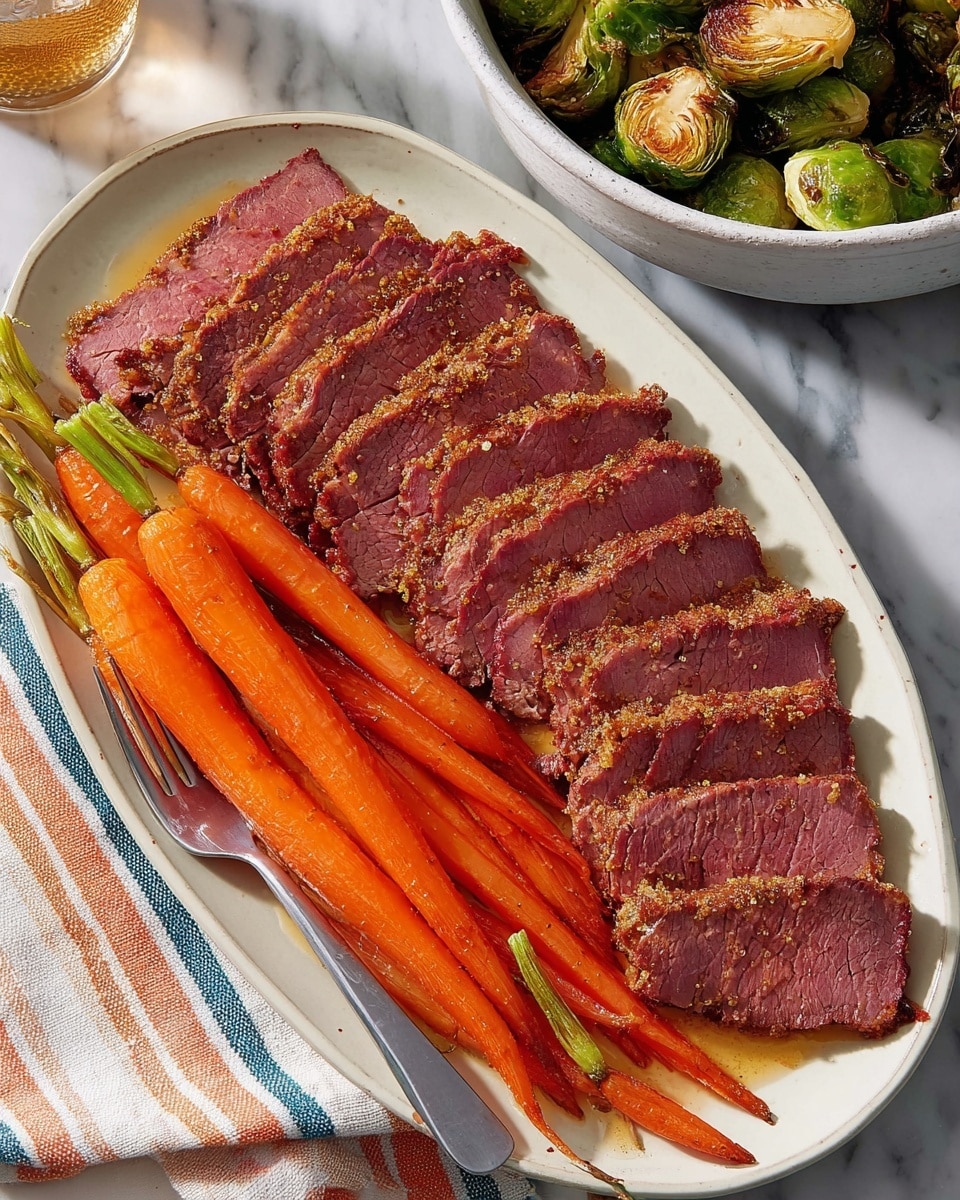 A large white oval plate holds thinly sliced corned beef arranged in two overlapping rows covering most of the plate, showing a pinkish-red color with a seared, slightly browned edge and visible coarse grain texture. On the top edge of the plate, a neat cluster of whole roasted carrots with slightly charred green tops is placed, glowing with a bright orange color and smooth texture. A silver fork rests at the bottom left of the plate, partially under the meat. The plate is set on a table covered with a white marbled textured surface overlaid with a striped cloth in cream, orange, and blue hues. In the background on the right corner, some roasted Brussels sprouts with golden-brown seared edges appear in a white bowl. Photo taken with an iphone --ar 4:5 --v 7