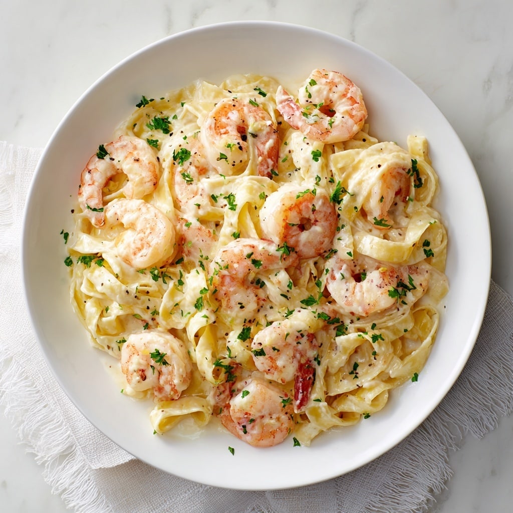 A white bowl is filled with a creamy pasta dish featuring two main layers: the bottom layer is smooth, yellow-orange fettuccine noodles, and the top layer consists of medium-sized cooked shrimp that are pink with slight charring, scattered evenly across the noodles. The dish is sprinkled with small bits of green herbs, adding contrast. The textures show a creamy and glossy sauce coating the noodles and shrimp gently twisted or curled, with some shrimp tails visible. The bowl rests on a white marbled surface with a soft cloth peeking in the corner. Photo taken with an iphone --ar 4:5 --v 7