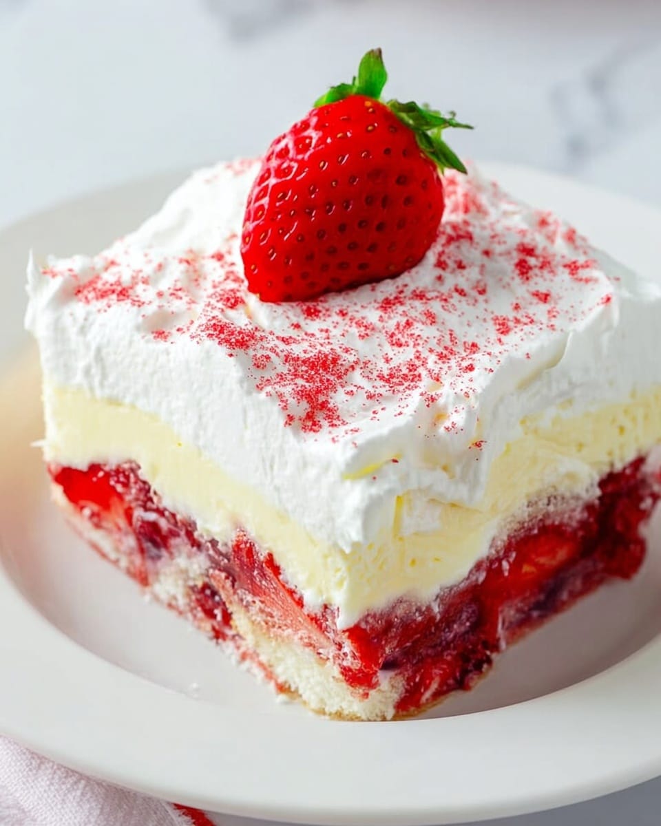 A square piece of dessert with three visible layers sits on a white plate. The bottom layer is bright red with a moist texture, the middle layer is pale yellow and creamy, and the top layer is thick white whipped cream sprinkled with red sugar crystals. On top of the whipped cream, there is a fresh red strawberry with green leaves. The white plate rests on a soft purple cloth, and the background is a white marbled texture. A metal fork is placed behind the dessert on the plate. Photo taken with an iphone --ar 4:5 --v 7