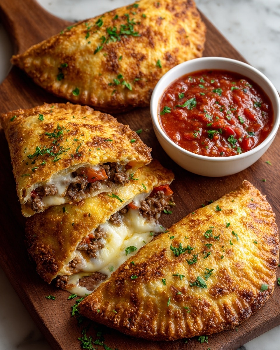 The image shows three golden-brown calzones on a wooden board with a sprinkling of fresh green herbs on top. Each calzone has a slightly crispy, cheese-filled crust with a baked texture and browned spots. One calzone is cut open, revealing a melted white cheese layer mixed with cooked ground beef and small pieces of red bell pepper inside. Behind the calzones is a white bowl filled with a deep red marinara sauce topped with chopped herbs. The background is replaced with a white marbled texture. photo taken with an iphone --ar 4:5 --v 7