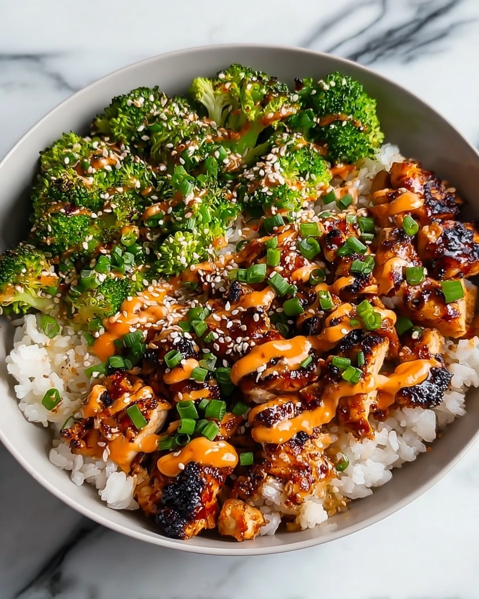 A bowl with a base layer of white rice topped by golden-brown grilled pieces of tofu with a slightly charred texture. Around the tofu, bright green broccoli florets are placed. The whole dish is drizzled with a creamy light orange sauce, sprinkled with white sesame seeds, and finely chopped green onions scattered evenly on top. The bowl sits on a white marbled surface. photo taken with an iphone --ar 4:5 --v 7