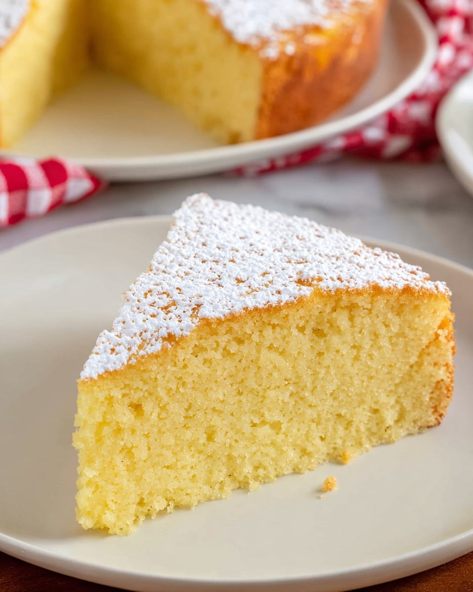 A single slice of yellow sponge cake with a soft, slightly crumbly texture sits centered on a white plate. The cake has one thick layer and is topped with a light dusting of white powdered sugar that covers the entire top surface. In the background, a larger portion of the same cake is visible on another white plate, showing a golden-brown crust along the top edge. The setting rests on a white marbled texture with a red and white checkered cloth partially visible on the side. Photo taken with an iphone --ar 4:5 --v 7