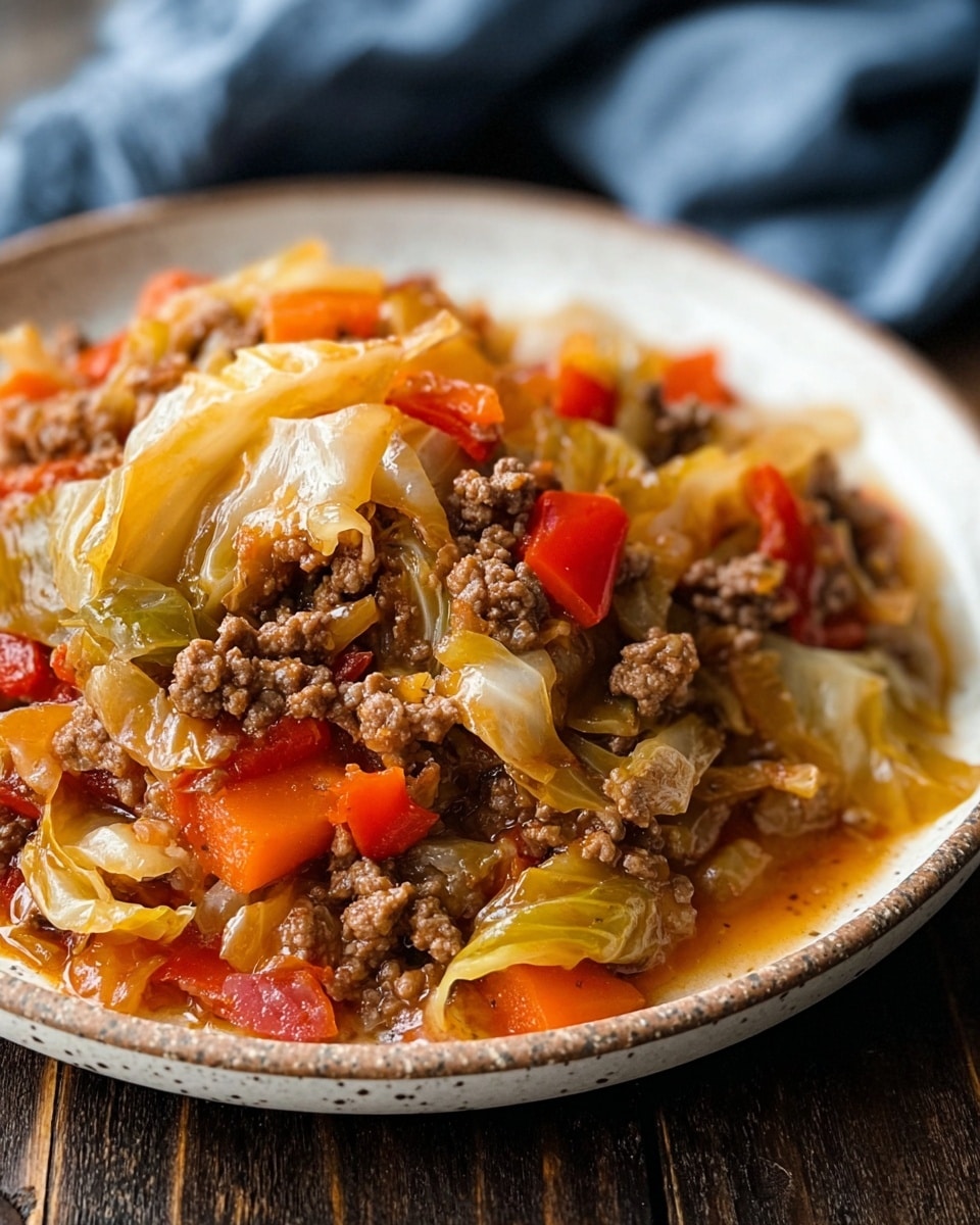 A serving of cooked ground meat mixed with translucent cooked cabbage pieces and small chunks of bright orange carrot is piled at the center of a white speckled plate. The dish has a warm, hearty look, with the meat being brown and crumbly, the cabbage soft and pale green with some golden brown edges, and the carrots adding a splash of color. The mix looks juicy and slightly glossy. A silver fork is placed to the right side of the pile on the plate. The white marbled textured surface beneath the plate softens the overall background, making the colors of the dish stand out. photo taken with an iphone --ar 4:5 --v 7