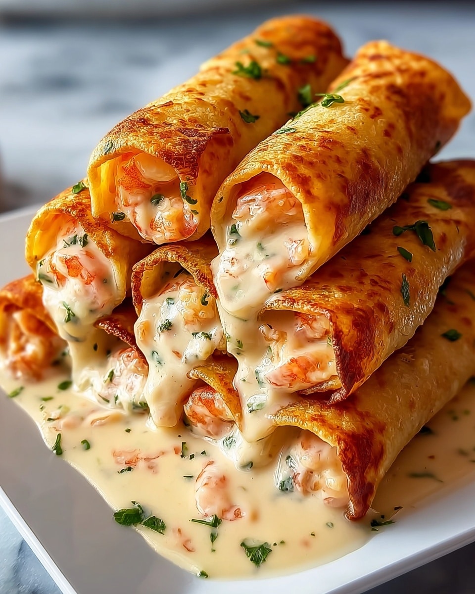 The image shows a stack of six golden-brown crispy rolled tortillas filled with creamy shrimp sauce, arranged in two layers on a white square plate. Each roll has a crispy outer layer with light browning and cracks, while the filling is visible at the ends, showing small pink shrimp pieces in a thick, light beige creamy sauce with green herbs sprinkled inside and around the rolls. The creamy sauce slightly drips out from some ends, adding a rich texture contrast. The plate sits on a white marbled surface, enhancing the warm golden and creamy colors of the rolls, photo taken with an iphone --ar 4:5 --v 7
