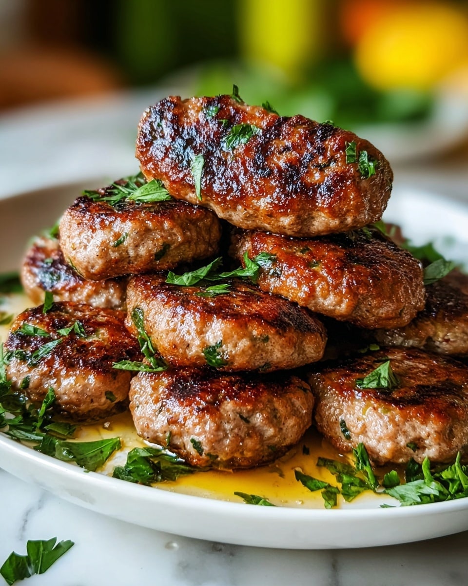 A white plate piled with two layers of grilled meat kebabs, shaped long and oval, showing a dark brown seared crust with visible bits of green herbs inside. The bottom layer has several kebabs side by side, and the top layer has two kebabs stacked diagonally. Bright green chopped herbs are sprinkled on top and around the plate, which also has shiny golden oil pools beneath the kebabs. The plate sits on a white marbled surface with some blurred green and yellow shapes in the background. Photo taken with an iphone --ar 4:5 --v 7