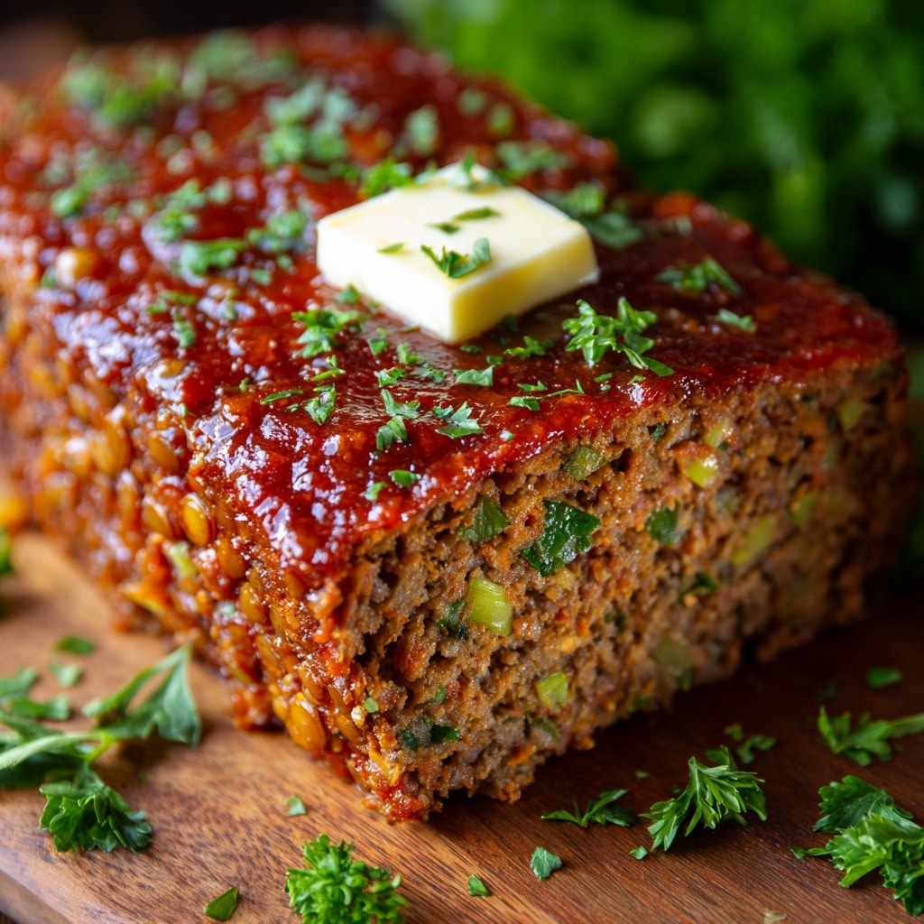 A close-up of a thick slice of lentil meatloaf with a moist texture, showing small pieces of green and brown lentils mixed with ground ingredients and herbs inside. The top layer is a shiny, richly colored reddish glaze that covers the whole surface evenly. On top, there are small green parsley leaves and a small cube of white butter melting slightly. The slice sits on a wooden surface with scattered fresh parsley leaves around. Photo taken with an iphone --ar 4:5 --v 7