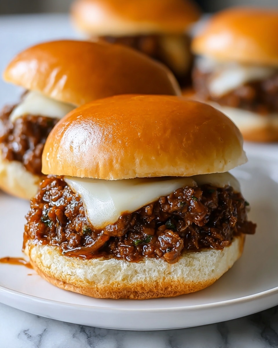 A close-up view of a sandwich on a soft, shiny, golden-brown bun, with three visible layers: the bottom layer is a thick, moist, dark brown minced meat mixture, covered by a smooth, melted white cheese slice, topped with a glossy layer of caramelized onions with a few green herb bits scattered on top; the sandwich is placed on a white plate that rests on a white marbled surface, with two more similar sandwiches blurred in the background. photo taken with an iphone --ar 4:5 --v 7
