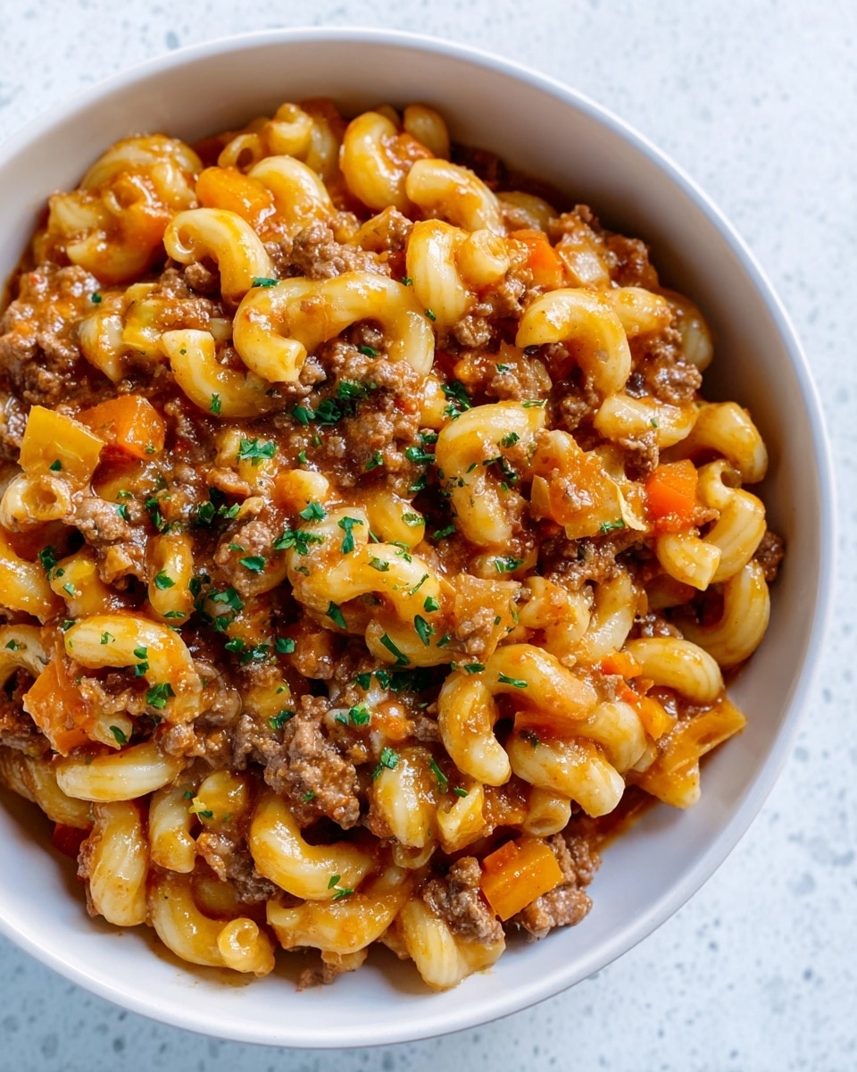 A close-up view of a round white bowl filled with three layers of food: the bottom layer is a sauce with a reddish-orange color, the middle layer consists of elbow macaroni pasta with a creamy beige shade, and the top layer is a mixture of browned ground meat and small pieces of orange and green vegetables, lightly garnished with small green herbs. The food looks creamy and hearty, sitting on a white marbled surface. photo taken with an iphone --ar 4:5 --v 7