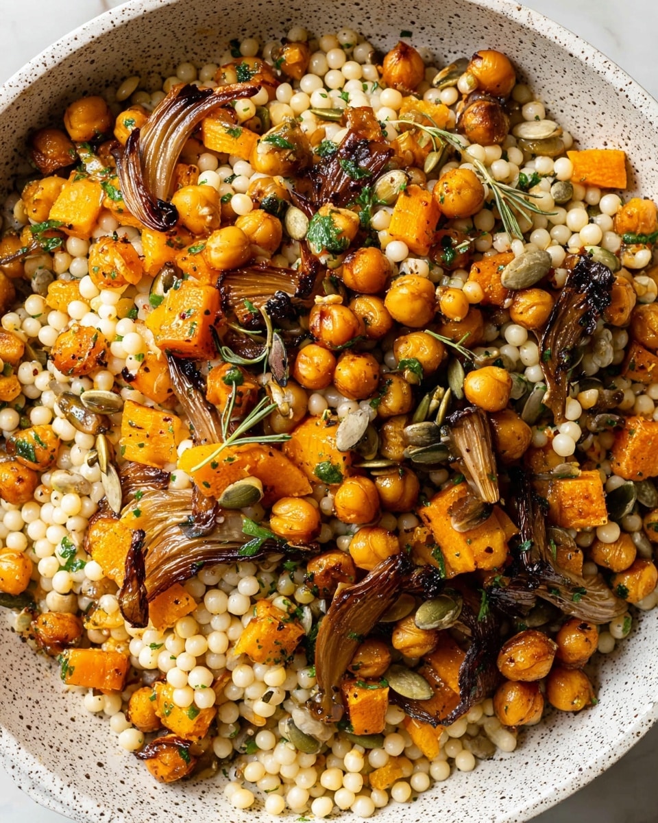 This dish is a bowl of warm couscous salad with several layers of ingredients mixed together. The base layer is small, pale round couscous pearls. Scattered throughout are golden chickpeas and bright orange cubes of roasted butternut squash. Mixed in are thin slices of browned caramelized onions with some slightly crispy edges. There are also light green pumpkin seeds and small bits of green herbs sprinkled evenly over the top. The entire dish has a glossy coating from the dressing, giving it a shiny texture. It is served in a wide, shallow white bowl placed on a white marbled surface. photo taken with an iphone --ar 4:5 --v 7