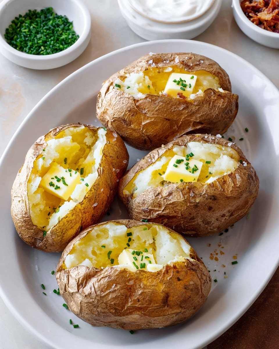 Four baked potatoes with brown, slightly wrinkled skin are placed on a white oval plate. Each potato is cut open lengthwise, showing the soft, fluffy light yellow inside. Inside each cut, there is a melted yellow butter square topped with small green chopped chives. The surface of the potatoes is sprinkled with coarse salt. The plate sits on a white marbled texture. Around the plate, there are small white bowls filled with sour cream, chopped chives, and crispy bacon bits, adding more details to the scene. photo taken with an iphone --ar 4:5 --v 7