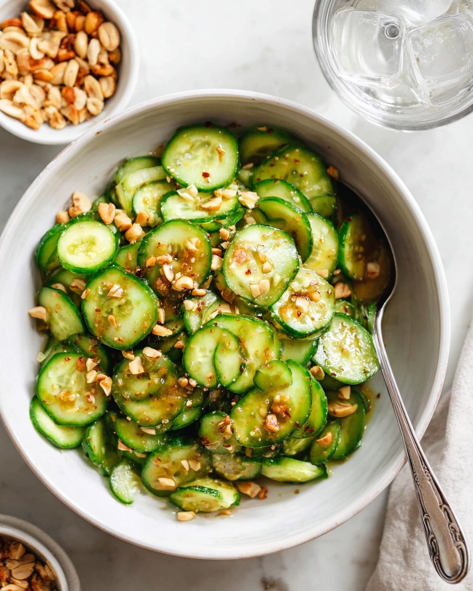 The image shows a white bowl filled with a cucumber salad that has two main layers: the bottom layer is thick slices of bright green cucumber with a fresh juicy texture, and the top layer consists of chopped golden-brown nuts evenly spread over the cucumbers, adding crunch. There is a drizzle of dark sauce on the cucumbers and nuts, giving a shiny finish. A silver spoon is inside the bowl on the right side. In the background, a small white bowl with more chopped nuts and a glass of water are visible on a white marbled surface. photo taken with an iphone --ar 4:5 --v 7