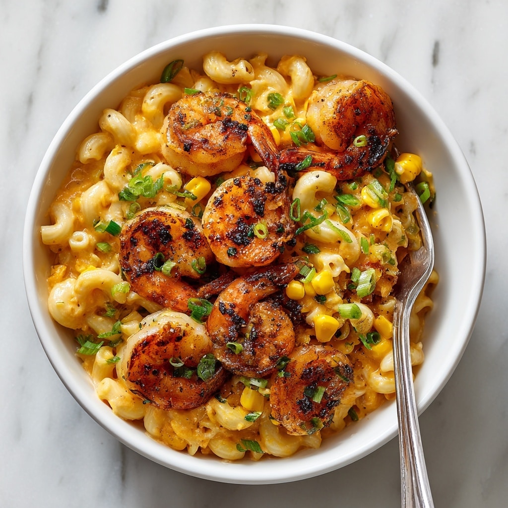 A close-up view of a white bowl filled with a creamy pasta dish containing three visible layers: the bottom layer has light yellow cooked elbow macaroni coated in an orange creamy sauce; the middle layer features grilled shrimp with a golden-brown char and a slightly glossy texture, scattered evenly throughout; the top layer includes yellow corn kernels and small pieces of green onion, adding splashes of bright yellow and green colors. A silver fork rests on the edge of the bowl, slightly embedded in the pasta, all set against a white marbled surface. photo taken with an iphone --ar 4:5 --v 7