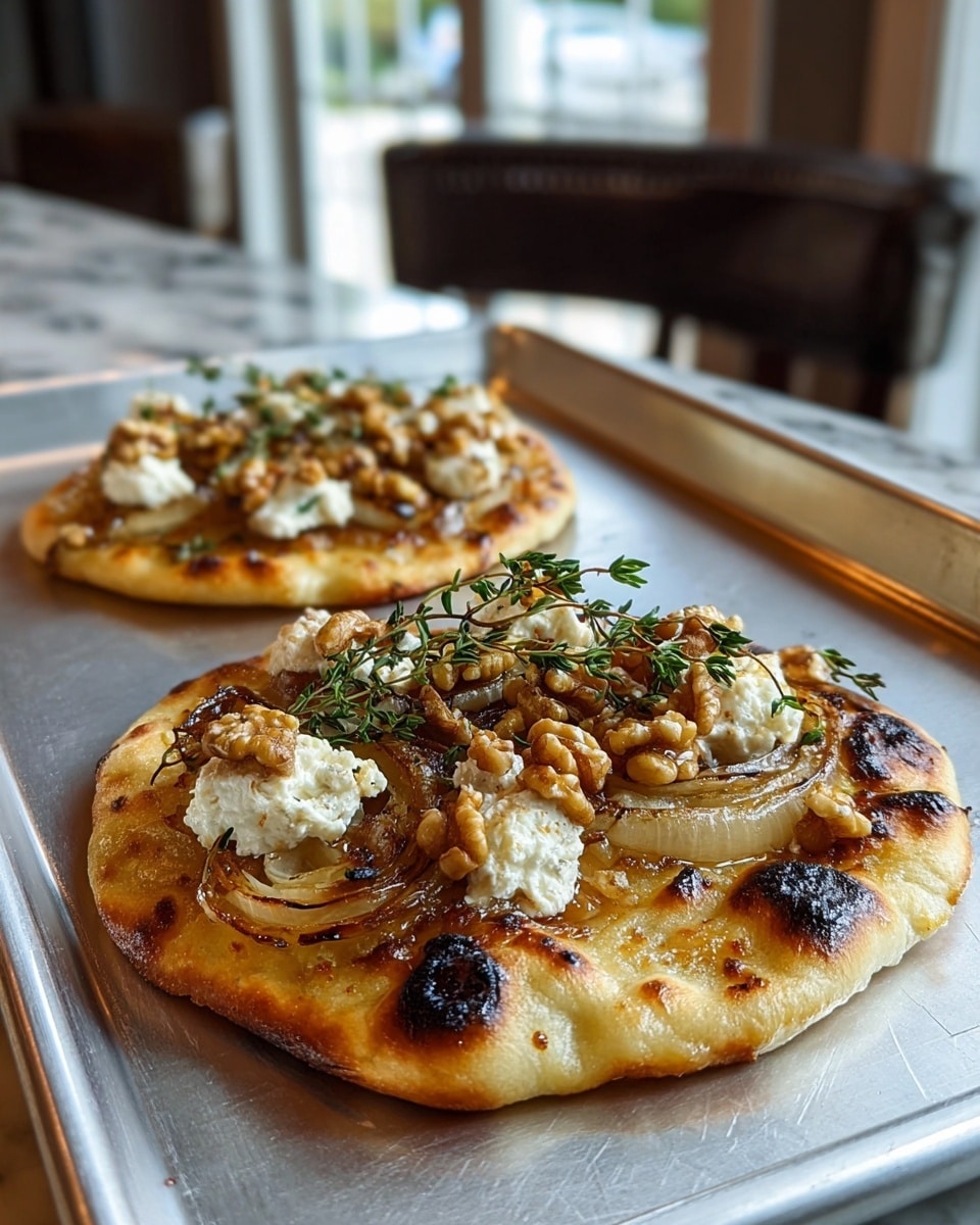 Two small round flatbreads sit side by side on a silver baking tray. Each flatbread has a golden-brown crust with slightly charred edges. The base layer is a light, soft dough baked to a perfect golden color. On top, there are rings of translucent caramelized onions with a slightly glossy texture, and dollops of creamy white goat cheese scattered evenly. Rough chunks of light brown walnuts sit atop the cheese and onions, adding texture and height. Fresh green sprigs of thyme are placed on top, adding a touch of color and freshness to the dish. The scene is set on a white marbled surface with a blurred kitchen background. photo taken with an iphone --ar 4:5 --v 7