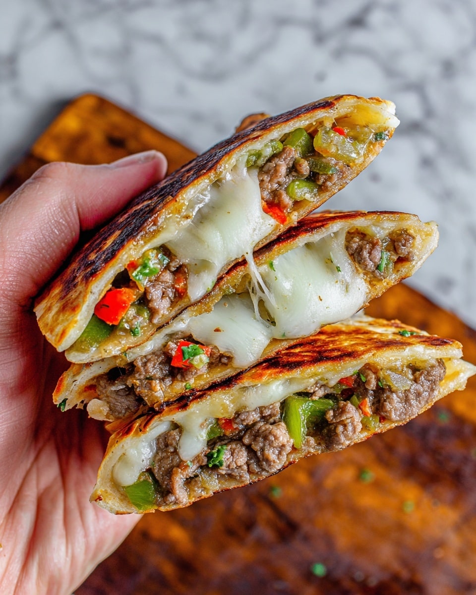 A woman's hand holds three stacked halves of a toasted quesadilla showing three visible layers: the outer golden-brown crispy tortilla with a slightly charred texture, a middle layer of melted white cheese stretching between the halves, and a bottom layer filled with diced cooked beef, green and red bell peppers, and small bits of herbs, all inside the warm tortilla. The background is a white marbled texture. photo taken with an iphone --ar 4:5 --v 7