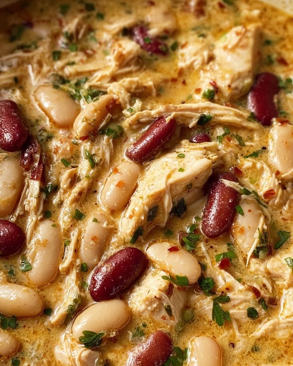 A close-up of a thick, creamy stew filled with shredded chicken pieces, whole white beans, and red kidney beans scattered evenly throughout. The stew has a warm, golden color with herbs and small bits of green parsley mixed in, giving a fresh contrast to the creamy texture. The beans are plump and smooth, and the chicken looks tender with clear fibrous texture. The surface glistens slightly from the sauce, hinting at spices like pepper and herbs. The food is shown against a white marbled texture. photo taken with an iphone --ar 4:5 --v 7