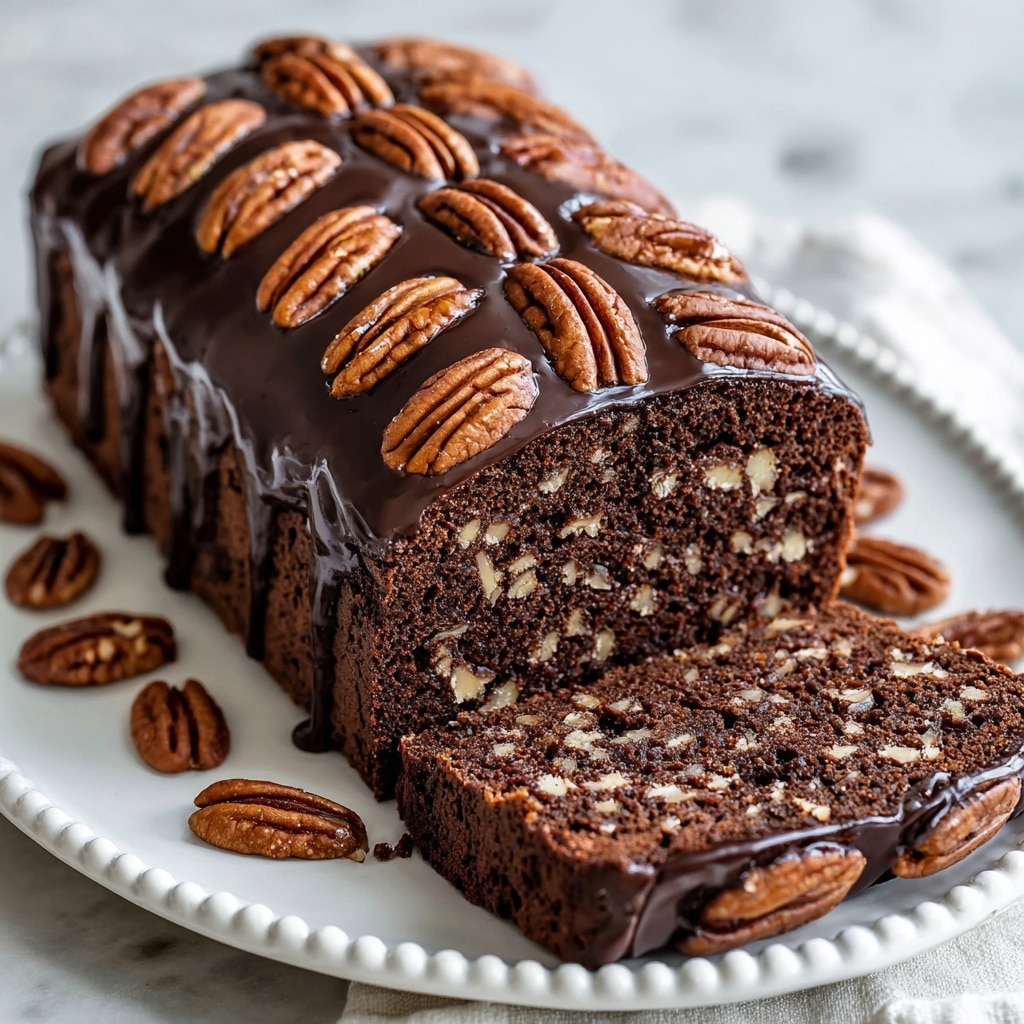 A rich chocolate loaf cake sliced to show a dense, dark brown interior full of light beige nut pieces, with a thick shiny layer of dark chocolate glaze dripping down the sides. The top is decorated with whole pecans arranged in neat rows, sitting on the smooth glossy surface of the glaze. More pecans scatter around the white plate with a beaded edge, all placed on a white marbled surface. The image captures the textures of moist cake, crunchy nuts, and silky chocolate glaze in close-up detail photo taken with an iphone --ar 4:5 --v 7