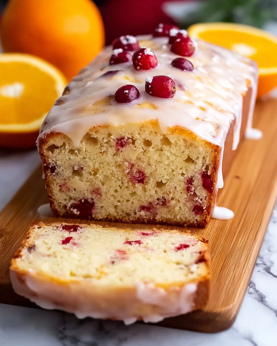 A loaf of cake with a light golden brown crust is sliced to show its soft, pale yellow inside dotted with small red berries throughout. The top of the loaf is covered with a thin, white shiny glaze that drips slightly down the sides and has several red berries embedded in it. The cake rests on a wooden board placed on a white marbled surface, with bright whole and halved oranges and a red fruit blurred in the background. photo taken with an iphone --ar 4:5 --v 7