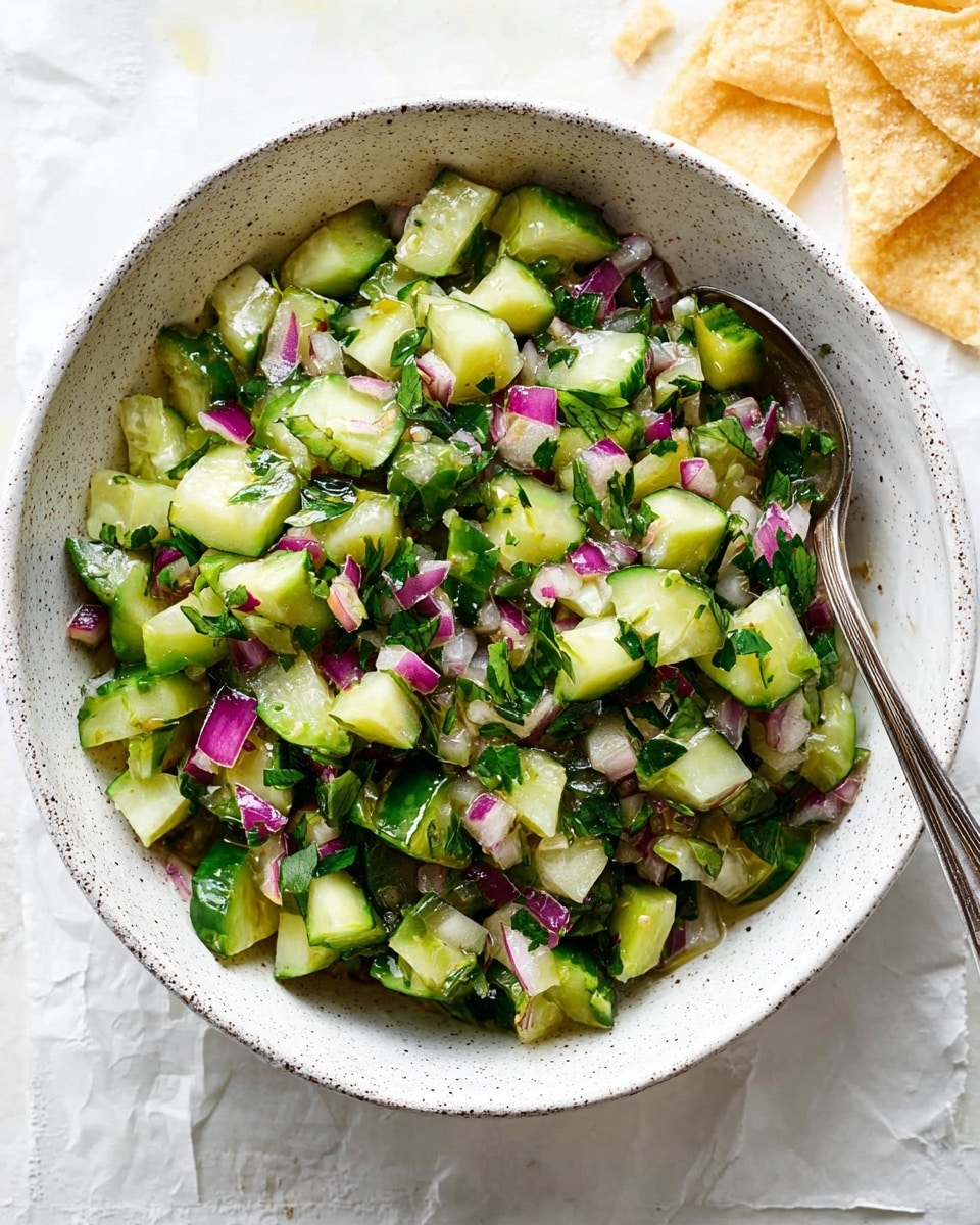 A white speckled bowl filled with a fresh cucumber salad, showing one main layer of bright green cucumber pieces mixed with finely chopped dark green herbs and small pieces of red onion, which add shades of purple and white. A silver spoon is inside the bowl resting on the salad, and a single yellow tortilla chip is placed on the side inside the bowl. The background is a white marbled surface. photo taken with an iphone --ar 4:5 --v 7