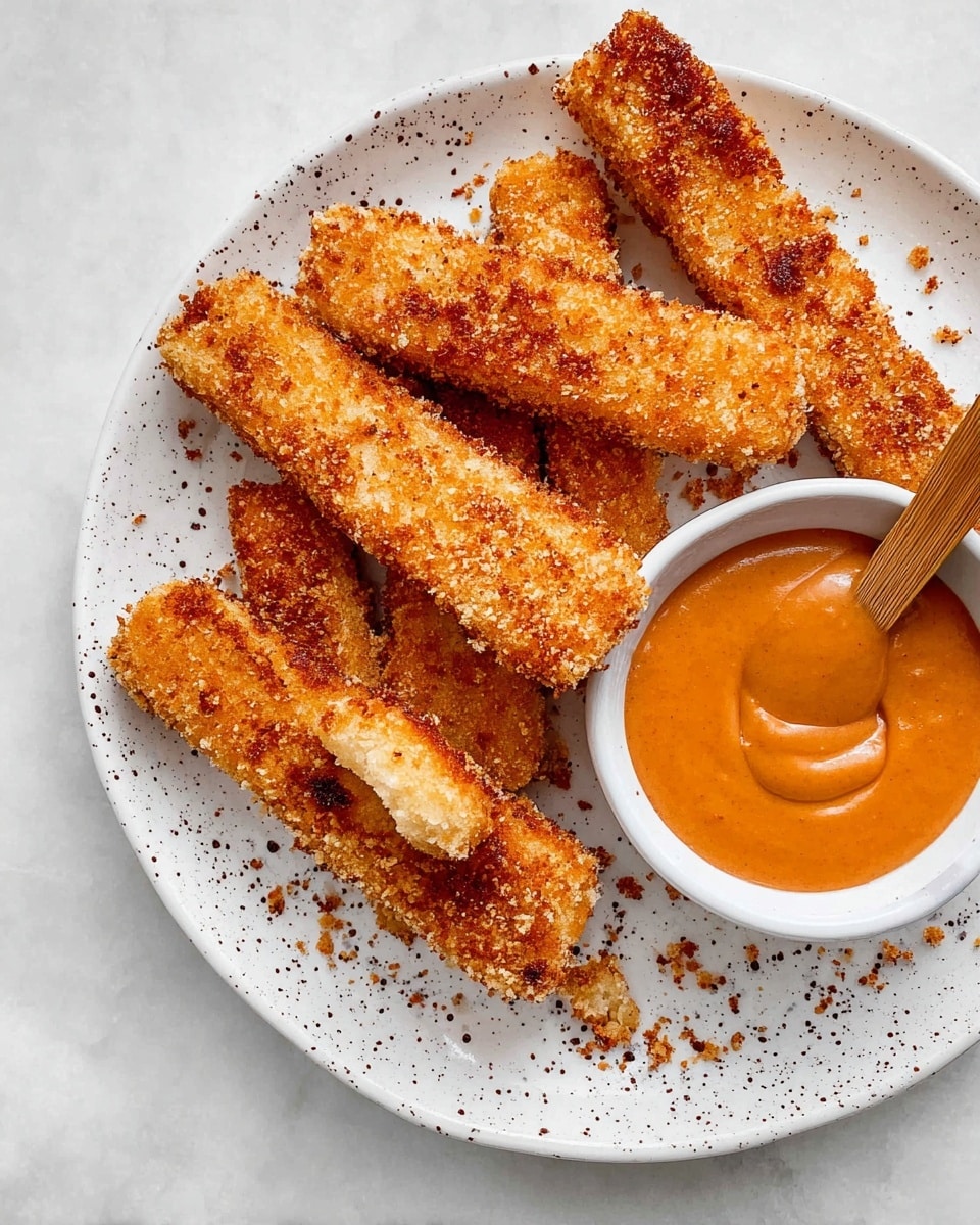The image shows a white speckled plate with about ten golden-brown crispy fried sticks, arranged in a casual pile mostly laying flat but some slightly overlapping. Next to the sticks, on the upper left side of the plate, is a small pale gray dipping bowl filled with a smooth, shiny orange sauce with a wooden spoon resting inside. The fried sticks have a crunchy texture with small crumbs visible. The background is a white marbled surface. photo taken with an iphone --ar 4:5 --v 7