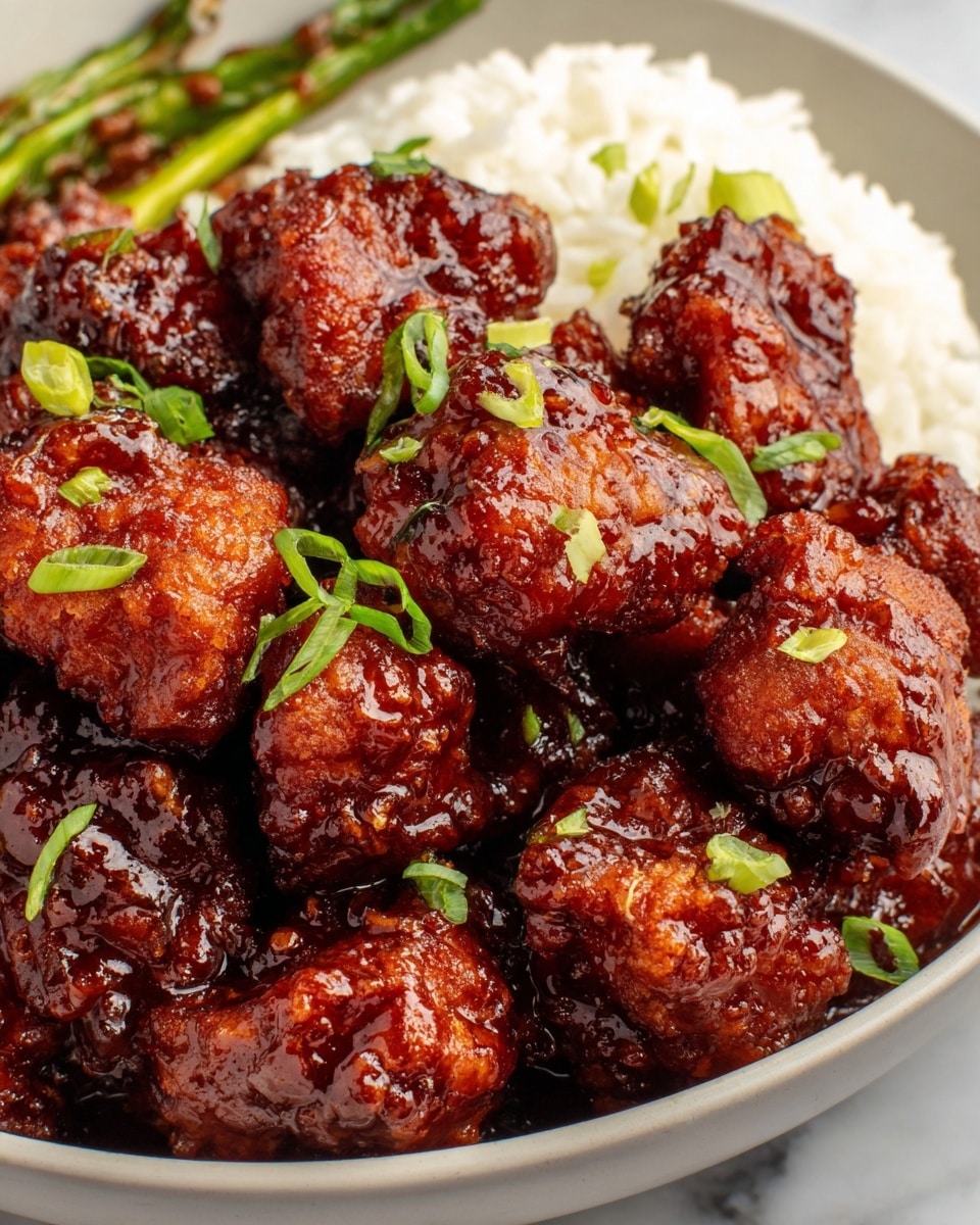 The image shows a close-up of a dish with about twenty pieces of dark, glossy, sticky fried chicken coated in a thick reddish-brown sauce, sprinkled with small bright green chopped scallions on top. The sauce looks rich and shiny, covering each bite-sized chicken piece fully. The chicken is arranged on the right side of a large white bowl, with a small part of fluffy white rice visible on the left and some green vegetables barely in view behind the chicken. The bowl rests on a white marbled surface. photo taken with an iphone --ar 4:5 --v 7