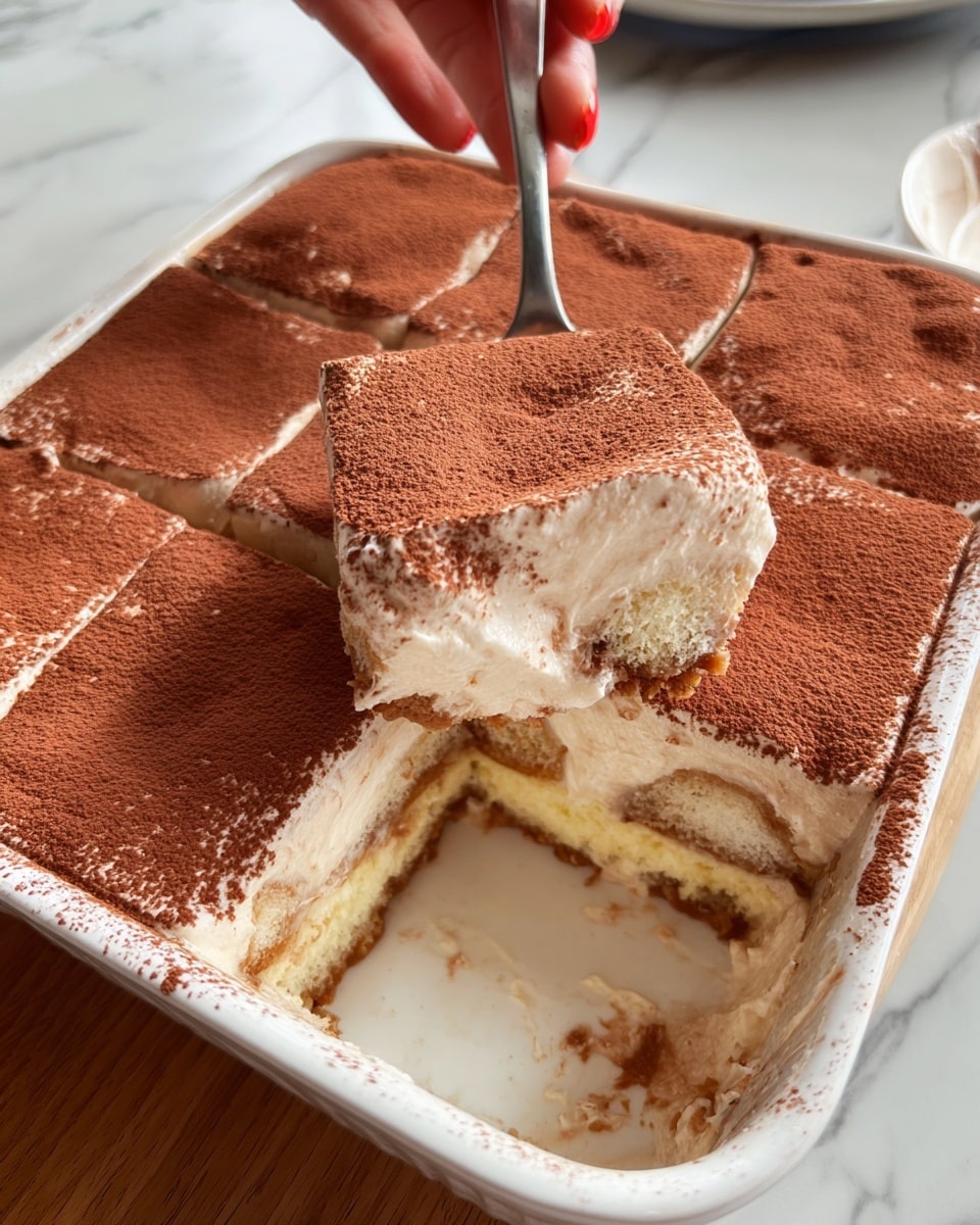 A white rectangular ceramic dish holds a creamy three-layer tiramisu, with six square pieces cut, one piece being lifted by a woman's hand holding a spoon. The top layer is dusted with a fine, even coat of cocoa powder, light brown in color with a soft, powdery texture. Below this is a thick, smooth, and fluffy cream layer, pale beige in color and slightly glossy. The bottom layer shows a soaked sponge cake, golden yellow with a moist and tender texture. The dish sits on a wooden table with a white marbled surface in the background. photo taken with an iphone --ar 4:5 --v 7