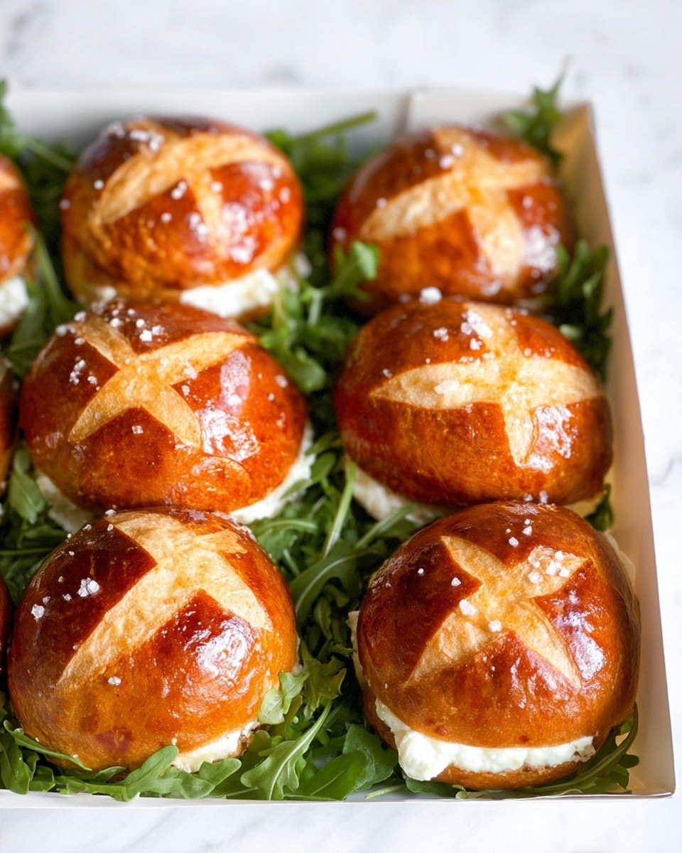 The image shows six glossy, golden-brown pretzel buns arranged closely in two rows inside a white box, each bun having a distinctive cross cut on top sprinkled with coarse salt. Beneath each bun, there is a layer of soft white cheese with a creamy texture, which slightly oozes out from the sides. The buns rest on a bed of fresh, green arugula leaves that add a vibrant contrast to the warm tones of the buns and cheese. The scene is set against a white marbled surface, creating a clean and bright background. photo taken with an iphone --ar 4:5 --v 7