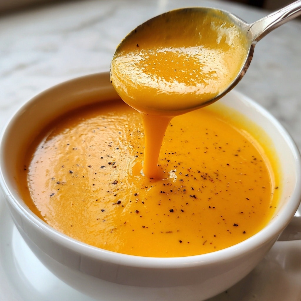 A white bowl filled with creamy, bright orange soup with a smooth, thick texture and small black specks scattered on top. A large silver ladle lifts some soup above the bowl, with soup dripping back into the bowl, showing its velvety consistency. The background is softly blurred with kitchen elements, and the bowl is placed on a white marbled surface. photo taken with an iphone --ar 4:5 --v 7