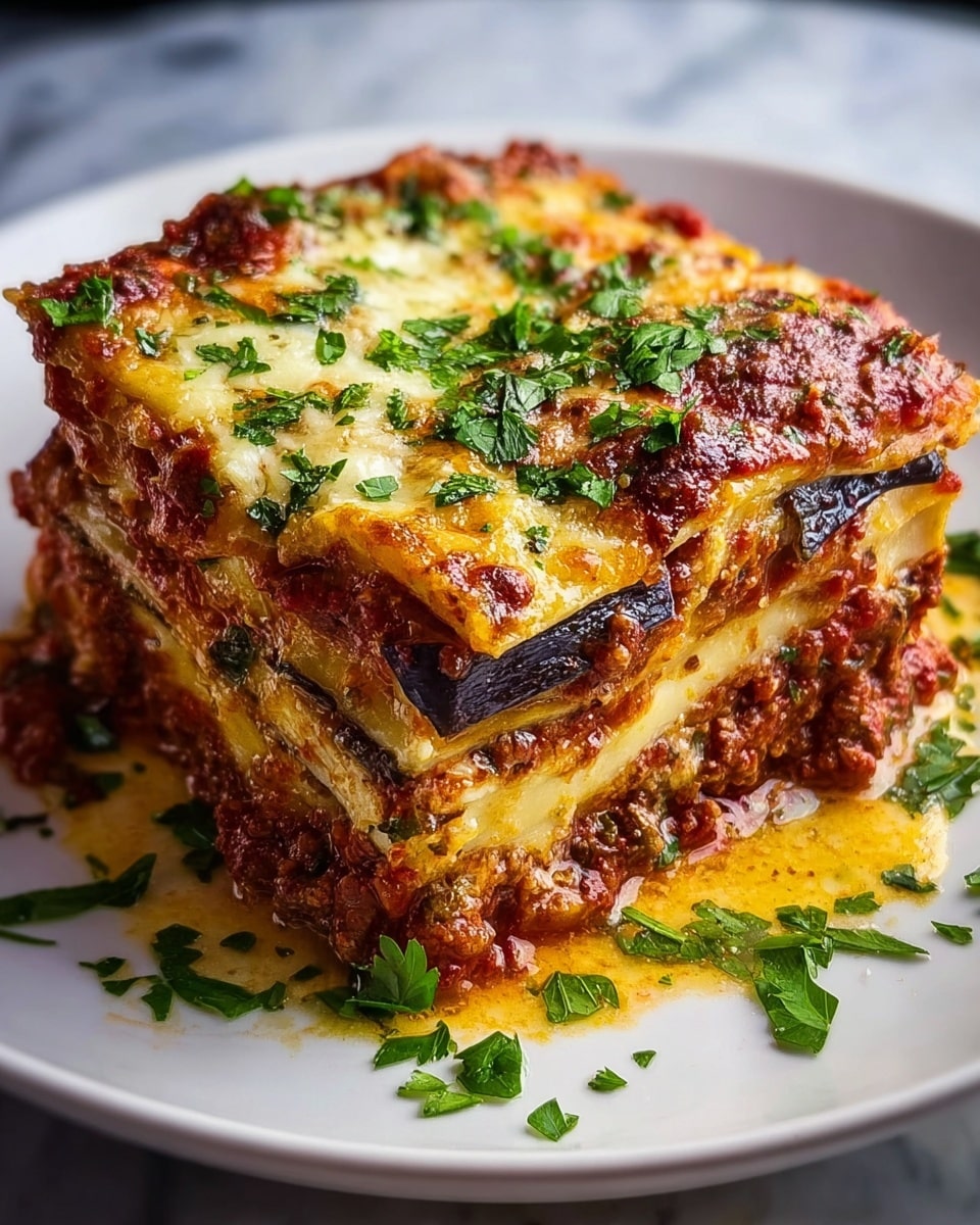 This image shows a thick slice of lasagna with four clear layers: the top layer is a golden-brown cheesy crust with melted cheese and bits of green herbs sprinkled on top, the second layer is a dark purple eggplant slice, the third layer is a creamy melted cheese mixed with sauce, and the bottom layer consists of a rich red tomato-based sauce with chunks of vegetables or meat. The lasagna slice is placed on a white plate with some sauce and green herbs around its base, all set against a white marbled background. photo taken with an iphone --ar 4:5 --v 7