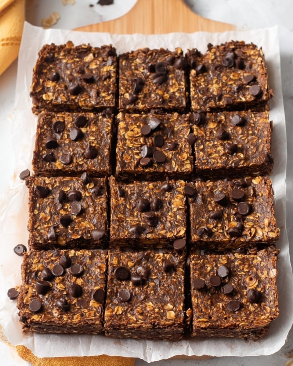 A group of eight thick rectangular chocolate oat bars stacked on white parchment paper, each bar made of a dark brown textured oat base with visible oats and bits, topped with scattered small and large shiny dark chocolate chips, some melted slightly. The bars have rough edges and a dense, moist look. The background shows a white marbled surface with a few green sprigs and a purple flower to the side. photo taken with an iphone --ar 4:5 --v 7