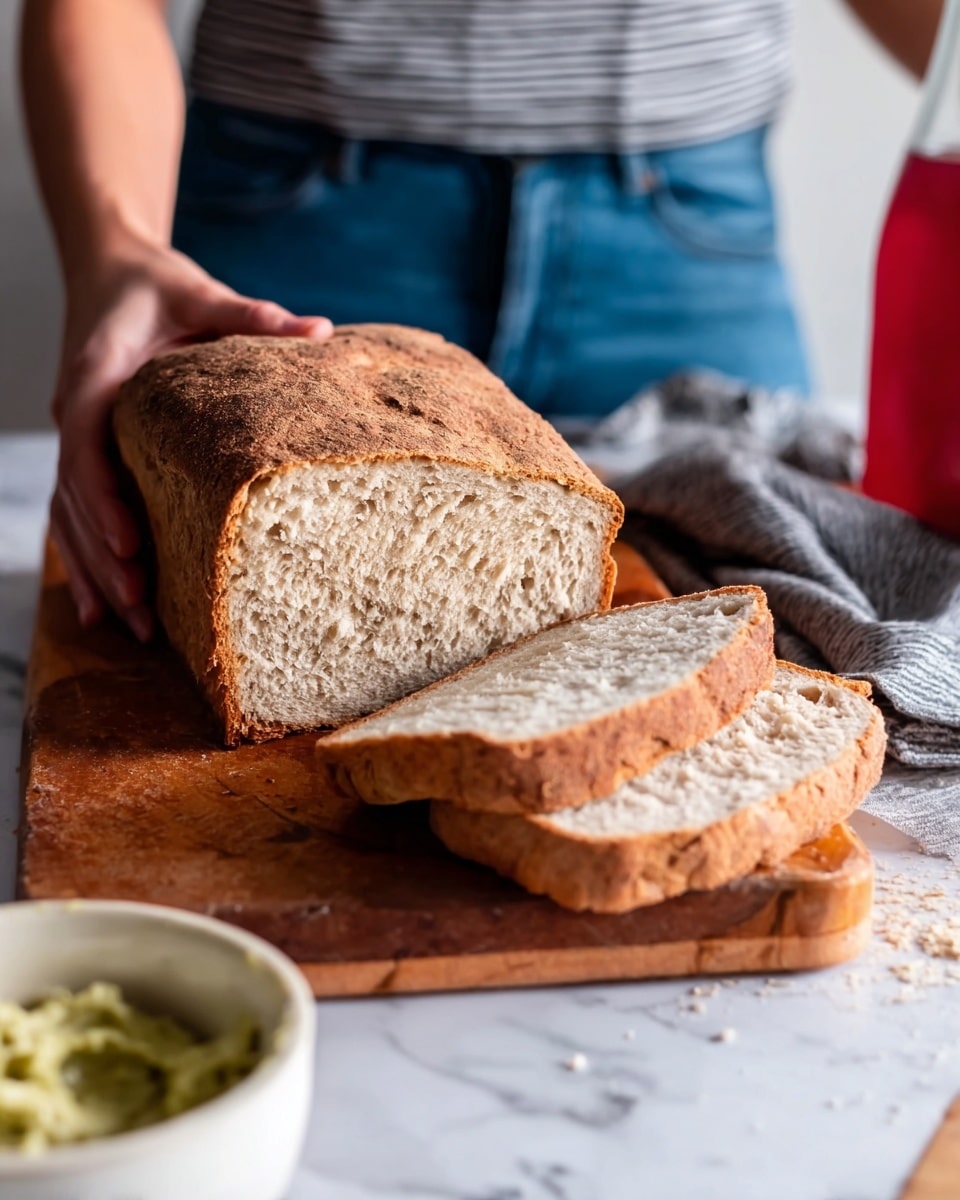 A close-up view of a loaf of bread with a golden brown crust and a soft, light beige inside showing a slightly crumbly texture, sliced to reveal three pieces lying flat in front of the main loaf. A woman's hand gently holds the loaf from the back, with a blurry background of a person wearing a striped shirt and blue jeans. The bread and slices rest on a wooden surface replaced by white marbled texture. photo taken with an iphone --ar 4:5 --v 7