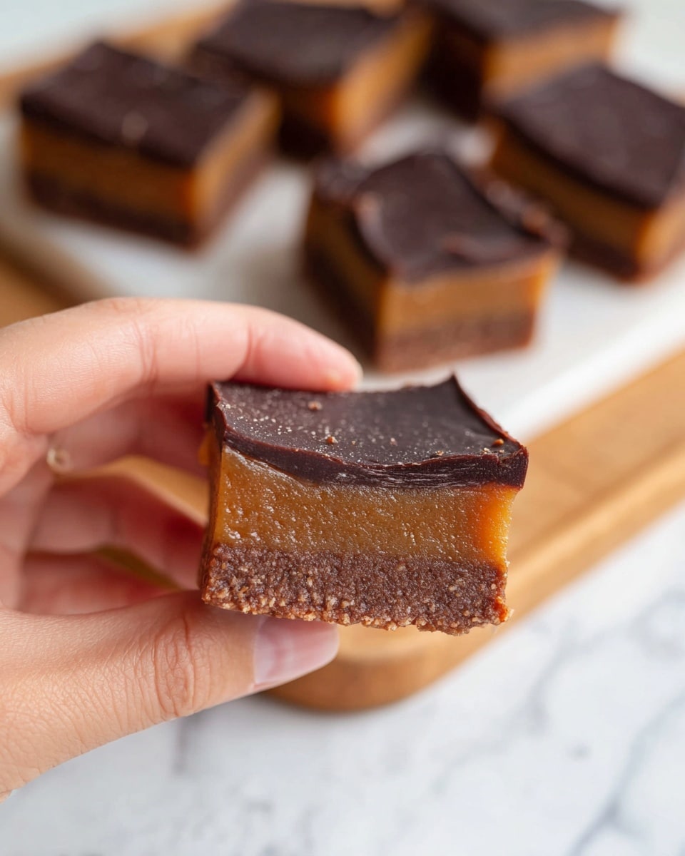 A close-up view of a square dessert held by a woman's hand, showing three layers: a thick, dark brown bottom layer with a slightly grainy texture, a soft, caramel-colored middle layer that looks smooth and sticky, and a glossy, dark chocolate top layer that is thin and has fine details on its edges. In the background, several more of these dessert squares are arranged on a white wooden board resting on a white marbled surface. photo taken with an iphone --ar 4:5 --v 7