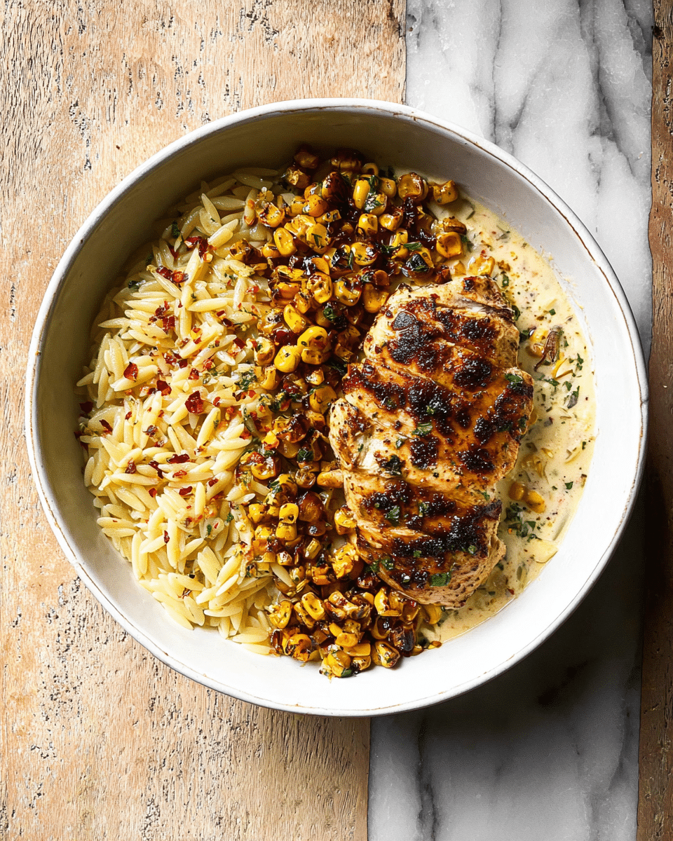 A white cooking pot holds three browned chicken breasts sitting in a thick, creamy yellow sauce. The sauce is speckled with small browned pieces, including dark burnt chunks and golden roasted corn kernels. Fresh green chopped herbs are sprinkled over the chicken and sauce, adding a bright contrast. The edges of the pot show some sauce splashes, and the pot rests on a white marbled texture surface. photo taken with an iphone --ar 4:5 --v 7