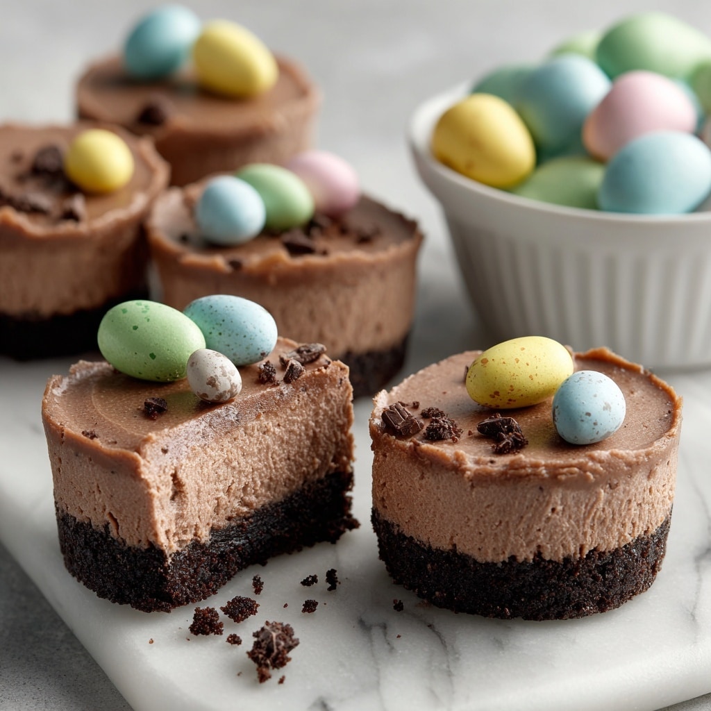 Several mini milk chocolate cheesecakes are shown on a white marbled surface. Each cheesecake has three visible layers: a dark, crumbly chocolate crust at the bottom; a thick, smooth, light brown milk chocolate cheesecake layer in the middle; and a glossy, slightly darker chocolate frosting layer on top. The cheesecakes are decorated with broken pieces of pastel-colored malted chocolate eggs in shades of green, pink, yellow, and blue, scattered on the frosting. One cheesecake is cut in half, showing the soft creamy texture of the filling and the dark crust. In the background, there is a white bowl filled with whole pastel-colored malted eggs. Photo taken with an iphone --ar 4:5 --v 7
