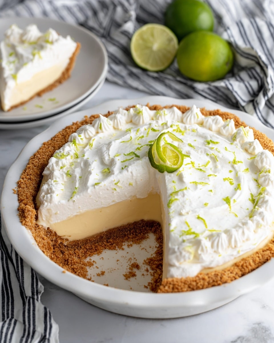 A white pie dish holds a lime pie with three visible layers: the bottom layer is a thick, golden brown crumbly crust that rises slightly above the edges; the middle layer is a smooth, pale yellow creamy filling; the top layer is a fluffy white whipped cream spread unevenly with soft peaks. Small green lime zest pieces are sprinkled on top, with a few thin, curly lime peels placed in the center as decoration. Around the dish, whole green limes and lime wedges scatter on a white marbled surface, with a black and white striped cloth in the background. Photo taken with an iphone --ar 4:5 --v 7