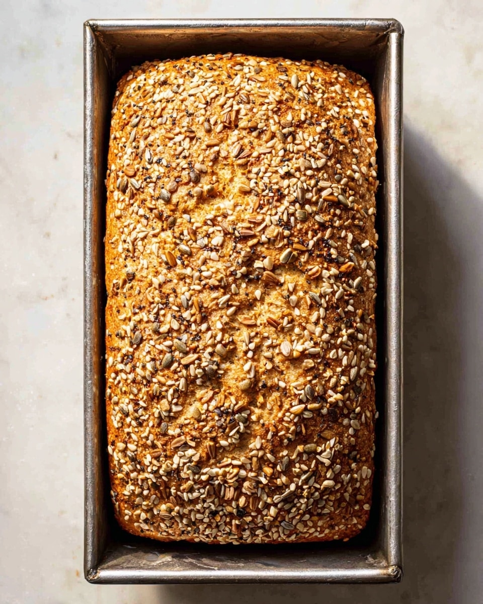 The image shows a loaf of multigrain bread resting on a wooden cutting board over a white marbled surface. The bread has a golden brown crust covered with various seeds, including sesame and sunflower seeds. Three slices are cut from the loaf, revealing the soft, dense interior filled with small grains and seeds that give it a speckled, textured look. A knife with a wooden handle lies beside the bread on the board, partially visible. The lighting highlights the crunchy texture of the crust and the moist crumb inside the bread. photo taken with an iphone --ar 4:5 --v 7