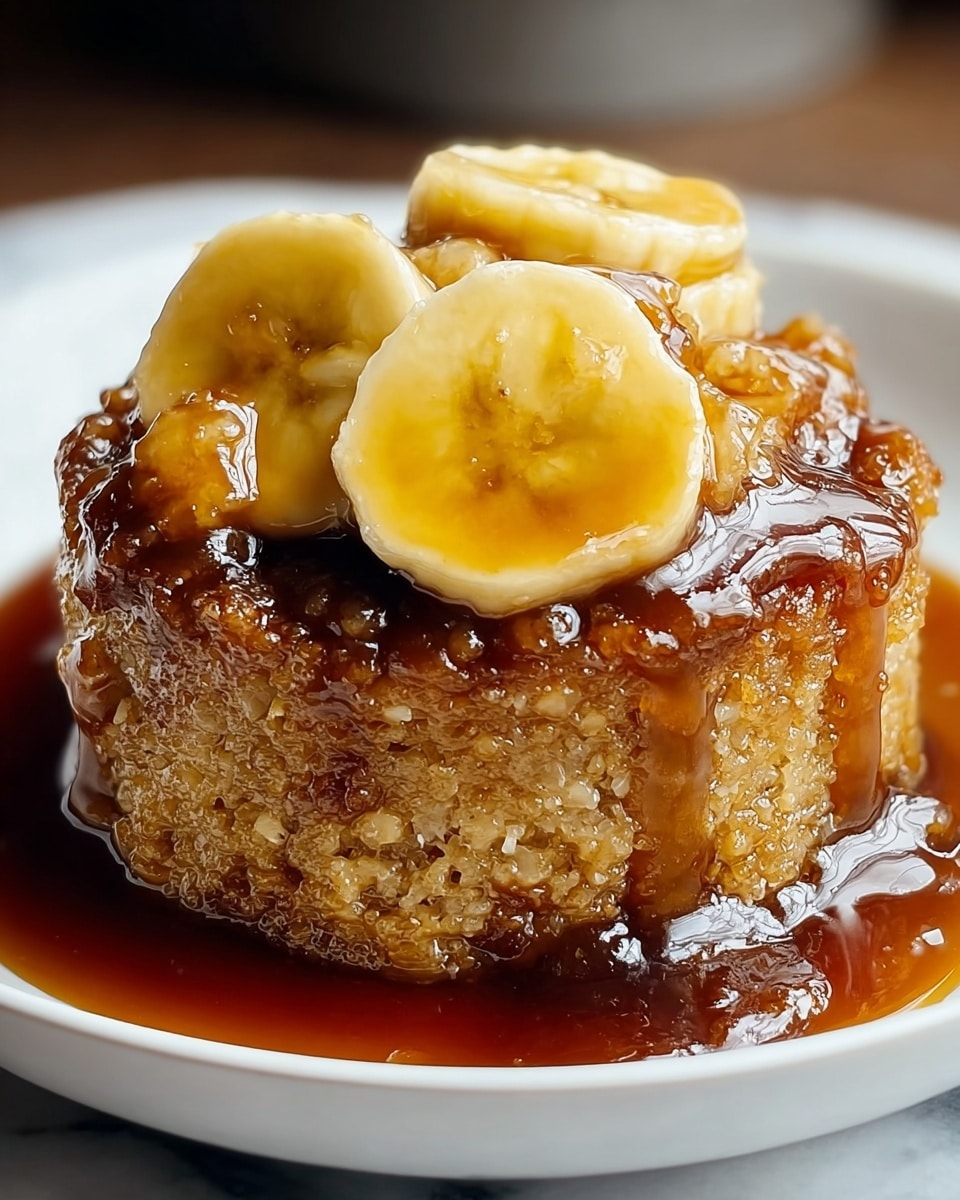 A close-up view of a single thick layer of moist, light brown cake with a crumbly texture sits in the middle of a white plate, soaked in a glossy, dark amber syrup that pools around the base. On top of the cake are four slices of shiny, yellow banana, arranged in a slightly uneven cluster. The syrup glistens as it drips down the sides of the cake, enhancing its rich, sticky appearance. The background shows a white marbled surface softly blurred out. photo taken with an iphone --ar 4:5 --v 7