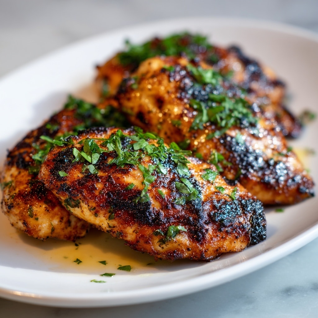 The image shows three pieces of grilled chicken breast placed close together on a white plate. Each piece has a golden-brown color with charred black spots and a slightly crispy texture. The chicken is sprinkled with small, fresh green herb leaves, adding a pop of color. The surface beneath the plate is a white marbled texture, visible softly blurred in the background. photo taken with an iphone --ar 4:5 --v 7