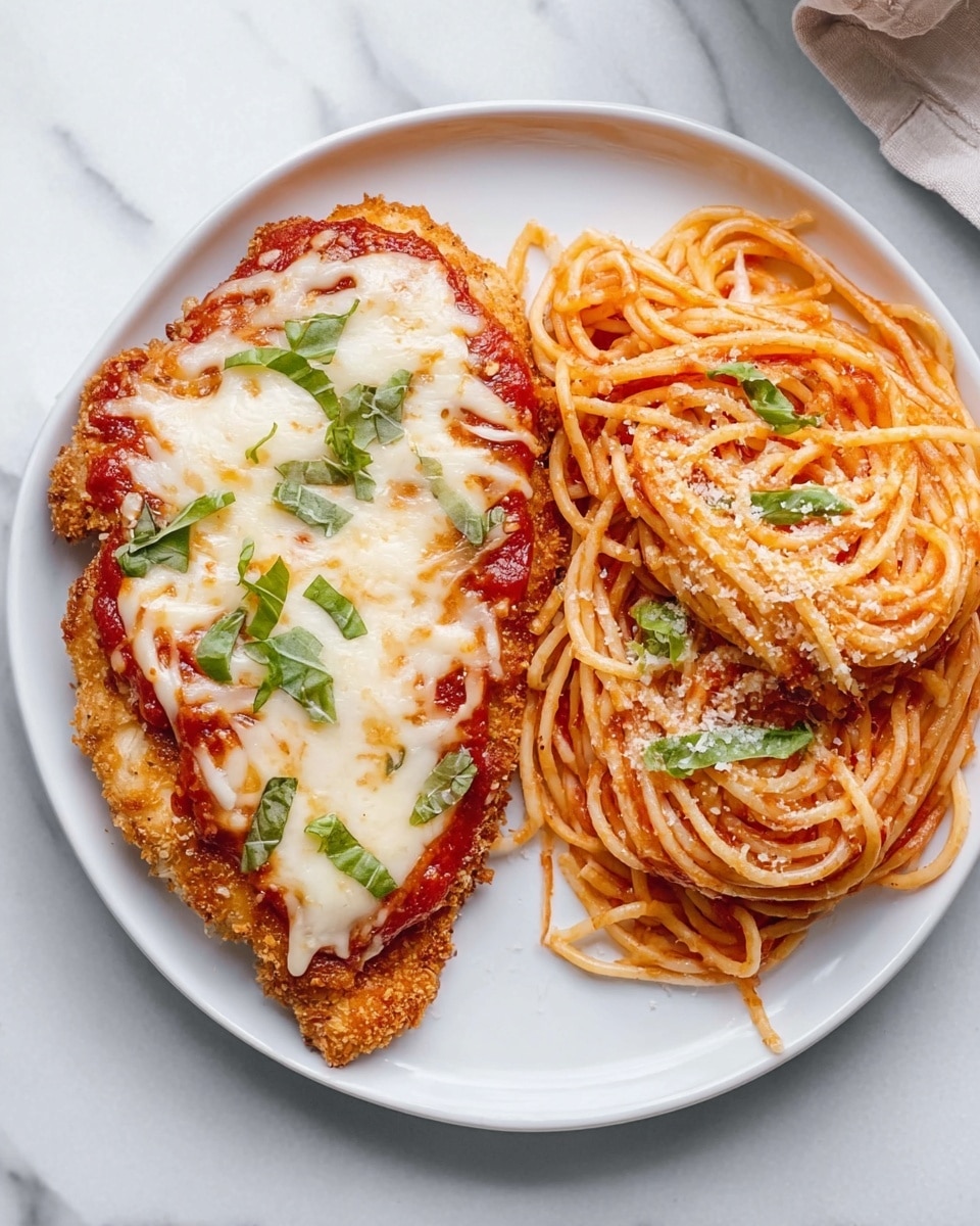 A white plate holds two main parts: on the left, a large piece of breaded chicken topped with melted, slightly browned cheese and sprinkled with small green basil pieces and some grated cheese, the chicken showing a crispy golden-brown edge under the cheese and tomato sauce beneath; on the right, a heap of spaghetti coated in red tomato sauce with tiny green basil bits scattered on top, and some grated cheese dusted on both the pasta and chicken. The plate sits on a white marbled surface with some green spinach leaves and a small white bowl with grated cheese partially visible above the plate. Photo taken with an iphone --ar 4:5 --v 7