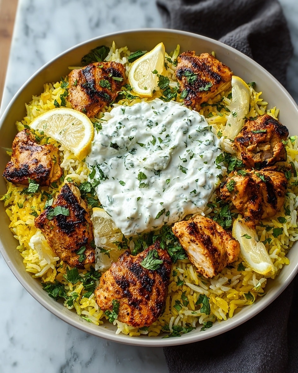 A round black bowl holds a bed of yellow rice spread evenly as the bottom layer. On top of the rice, there are grilled chicken pieces with a charred texture, golden-brown color, and green herb bits scattered on them, arranged in a rough circle around the bowl. In the center, a generous dollop of white creamy sauce mixed with chopped green herbs creates a thick textured layer. Around the bowl, slices of lime and lemon are placed on the rice, adding light green and pale yellow colors with a slightly shiny, juicy texture. The bowl sits on a white marbled surface with a dark gray cloth partially under it. photo taken with an iphone --ar 4:5 --v 7