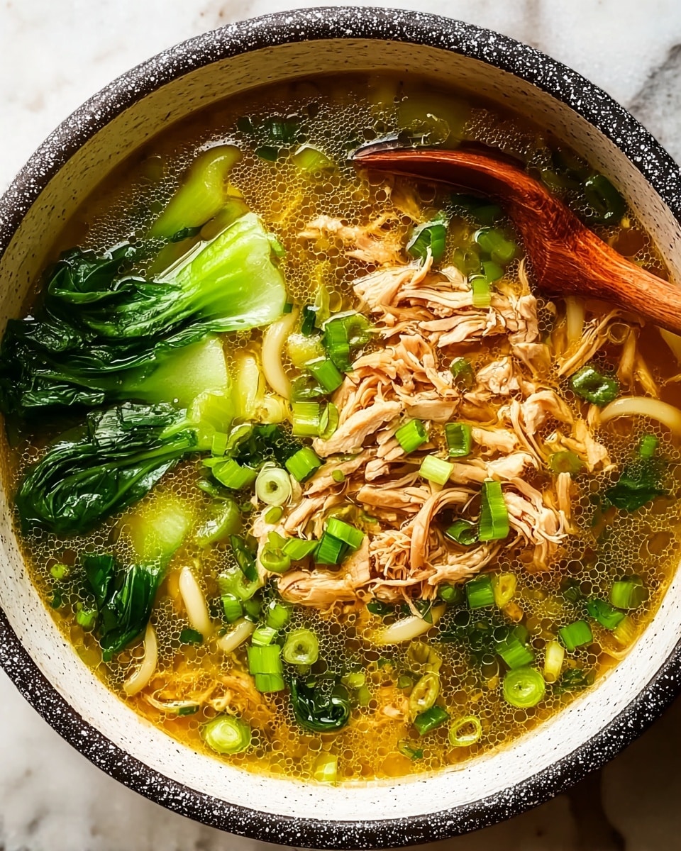 A close-up of a large round stone bowl filled with clear golden broth containing thick white noodles at the bottom layer, topped by bright green bok choy leaves and stalks spread around the bowl, with shredded light brown chicken piled in the center, and finely chopped green onions sprinkled all over. A wooden spoon rests on the right side inside the bowl, and a small wooden bowl with chopped green onions is visible in the background on a white marbled surface. photo taken with an iphone --ar 4:5 --v 7