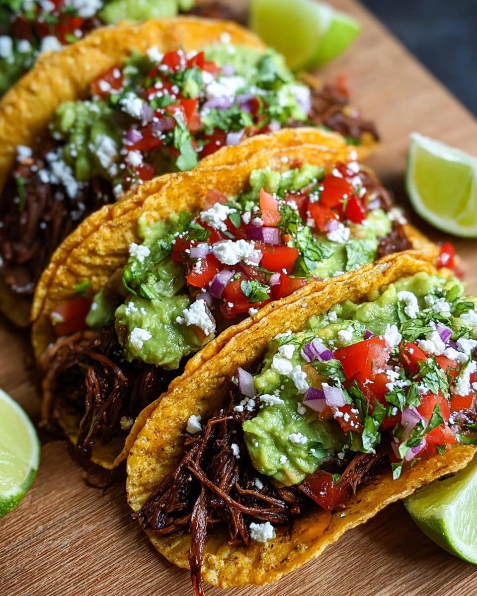 Four tacos are arranged on a wooden board with lime wedges on the side. Each taco has three layers: the bottom layer is a crunchy golden corn tortilla, the middle layer is shredded dark brown meat, and the top layer is a mix of bright green guacamole, red diced tomatoes, finely chopped red onions, green herbs, and small white cheese crumbles. The colors are rich and fresh, making the tacos look full and tasty. photo taken with an iphone --ar 4:5 --v 7
