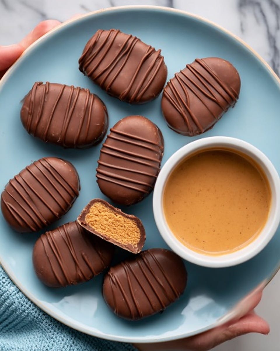 On a white plate with a white marbled texture underneath, there are eight oval-shaped chocolate-covered treats with smooth dark brown outer layers and thin drizzles of chocolate on top, arranged in a loose circle around a white bowl filled with creamy peanut butter, which is light brown with a slightly glossy surface and visible texture. One of the chocolate treats is cut in half, showing two layers inside: a thick, dense peanut butter filling in a tan color with a slightly crumbly texture, surrounded by a thin, smooth dark chocolate shell. The scene is bright and clean with soft natural lighting. photo taken with an iphone --ar 4:5 --v 7