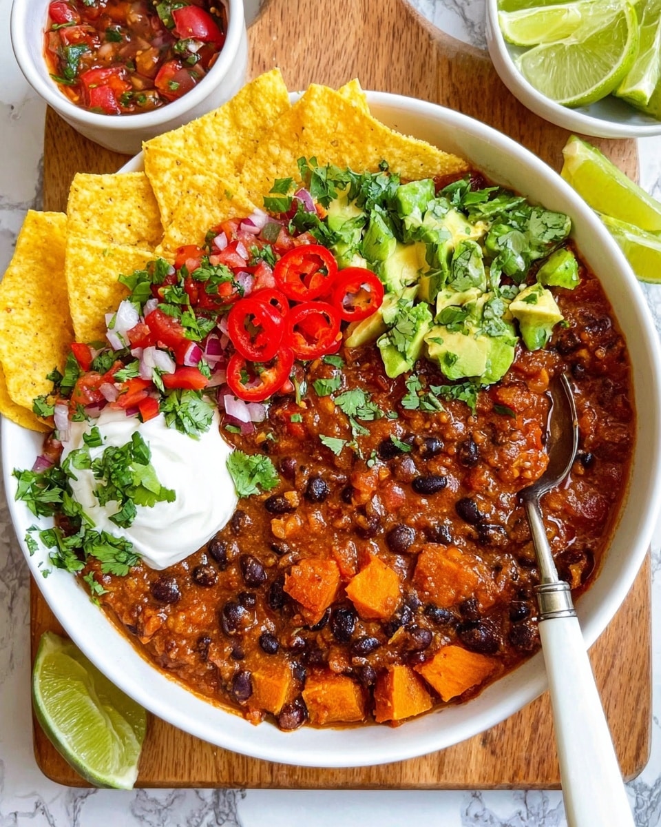 A white bowl filled with a thick, dark brown bean stew containing visible chunks of orange sweet potato and black beans, topped with a white dollop of sour cream in the center, fresh green cilantro leaves, red and green diced tomato salsa on one side, and slices of creamy pale green avocado underneath the salsa. Three yellow corn tortilla chips rest on the lower right edge of the bowl, partially dipping into the stew, while a lime wedge sits near the chips. The bowl has small decorative handles and sits on a wooden board with lime wedges, red chili peppers, and half an avocado with a dark pit around it. The background features a white marbled texture with part of a blue cloth visible at the top. Photo taken with an iphone --ar 4:5 --v 7