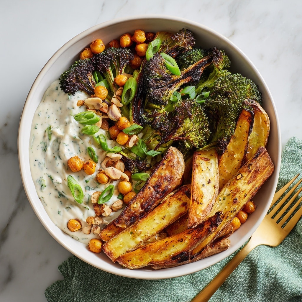 A white bowl filled with three main layers: the bottom layer is a creamy white sauce with green herbs mixed in, covering the bowl's base; the middle layer consists of roasted golden-brown potato wedges and charred broccoli florets with a mix of green and darker brown spots, adding texture; the top layer is sprinkled with chopped green onions, small orange roasted chickpeas, and pieces of chopped nuts, creating contrasting colors and a crunchy texture. The bowl sits on a soft green cloth, and part of a gold fork is visible in the bottom right corner, all set on a white marbled surface. Photo taken with an iphone --ar 4:5 --v 7