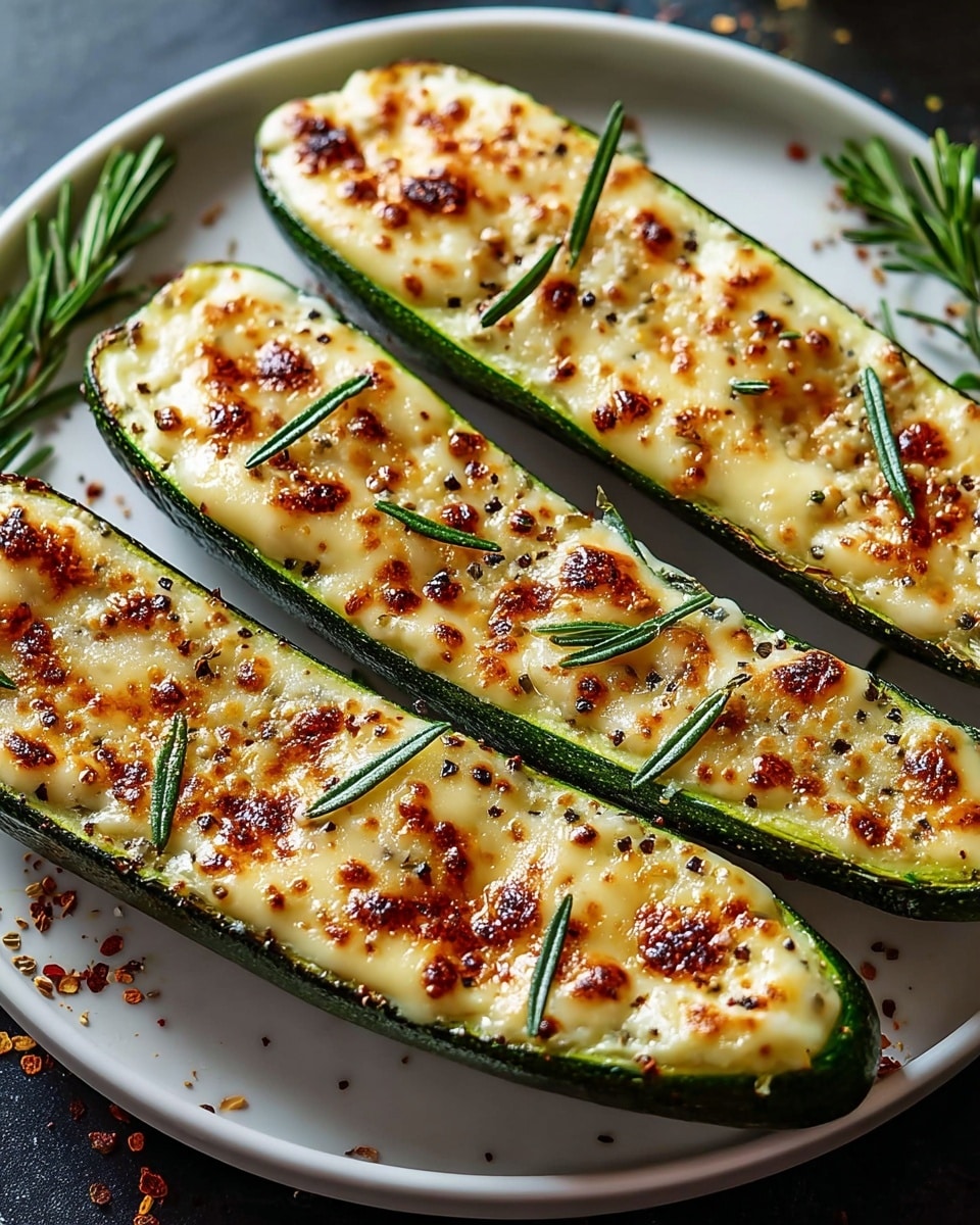 The image shows four green zucchini halves laid out on a white plate with a white marbled texture background. Each zucchini half is topped with a melted, bubbly layer of light golden cheese that has spots of brown from baking. A sprinkling of black pepper, red chili flakes, and crushed nuts or seeds are spread across the cheese for texture and color contrast. Fresh green rosemary sprigs are placed on top of each zucchini half, adding a touch of fresh herb decoration. The cheese's texture looks creamy with crisped edges, sitting on the smooth zucchini base. Photo taken with an iphone --ar 4:5 --v 7
