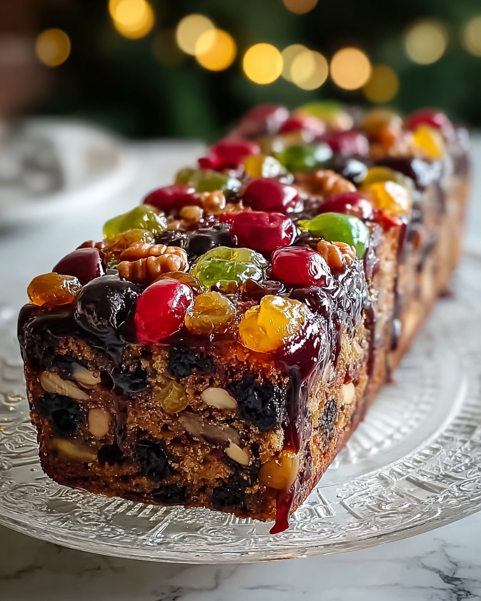 The image shows a thick fruitcake with three visible layers: a dense dark brown base, a middle layer filled with mixed dried fruits like raisins and candied cherries in dark purple, red, orange, and green colors, and a glossy top layer covered with a mix of shiny candied fruits in red, orange, green, and dark purple, giving a sticky texture. The cake is placed on a round silver tray, all set on a white marbled surface with soft golden lights blurred in the background. photo taken with an iphone --ar 4:5 --v 7