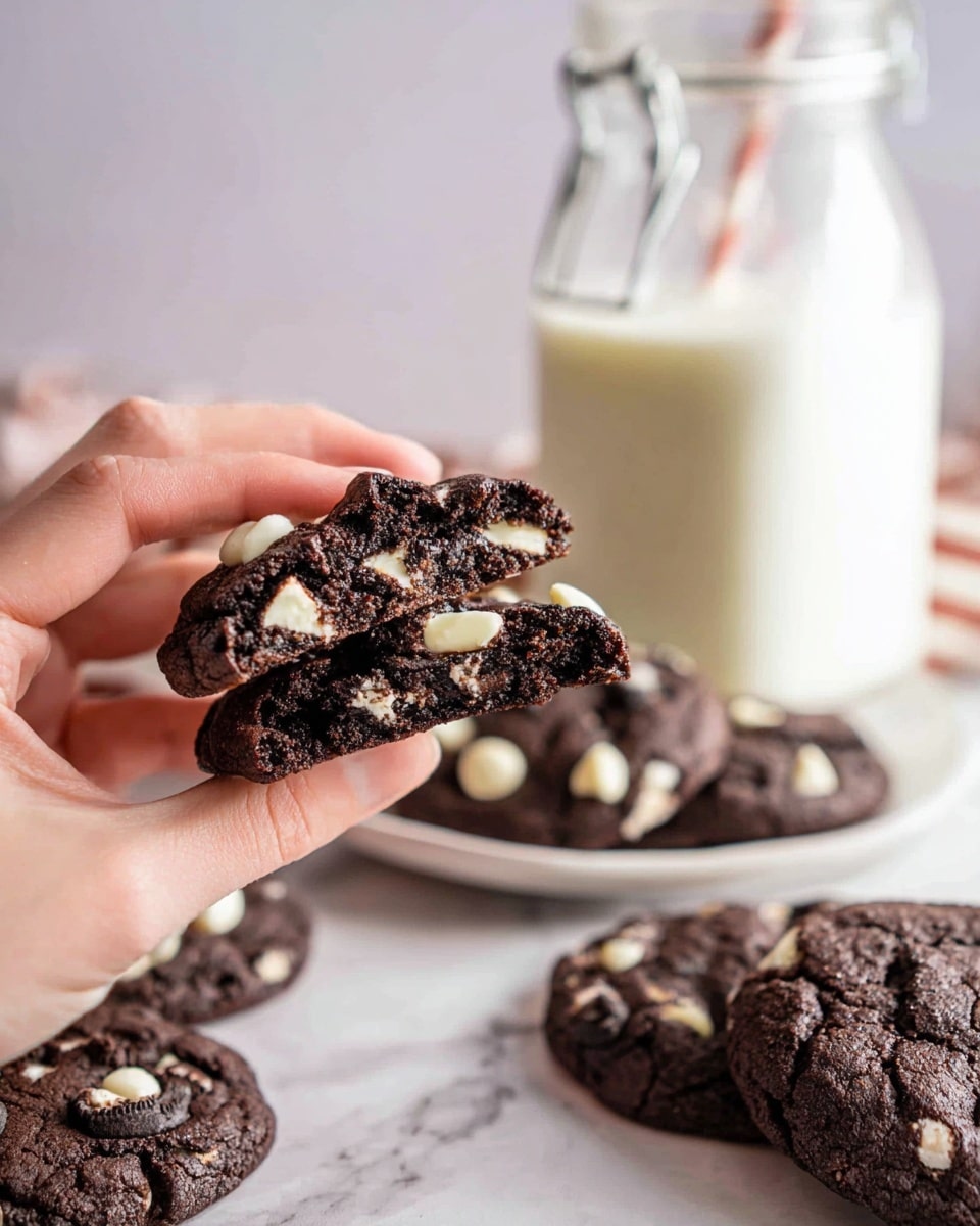 A woman's hand holds a dark chocolate cookie with white chocolate chips, showing its chewy and slightly crumbly texture in a cross-section with visible white chocolate chips inside. Below, a stack of similar dark chocolate cookies with white chocolate chips and Oreo cookie pieces lies on a white marbled surface. In the background, a glass milk bottle filled with milk, sealed with a metal clamp lid, stands next to a blurred plate full of more dark chocolate cookies topped with white chocolate chips. The overall colors are rich dark brown and creamy white, with textures ranging from soft cookie crumb to smooth milk. photo taken with an iphone --ar 4:5 --v 7